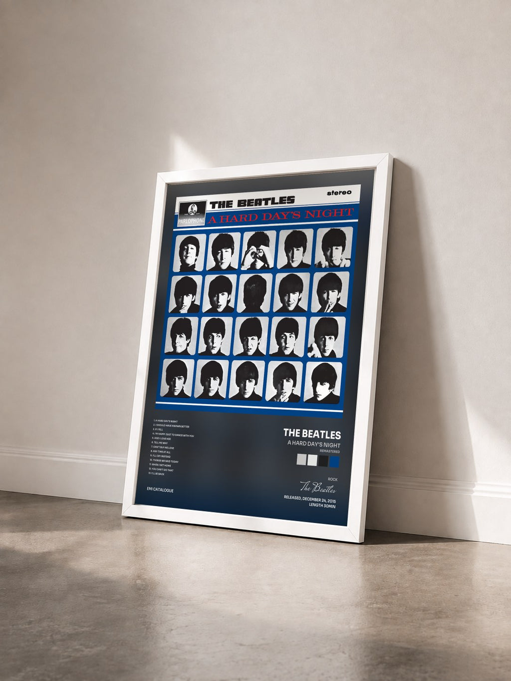 #blanc A Hard Day's Night (Remastered) von The Beatles als gerahmter Kunstdruck von schräg gesehen, weißer Rahmen