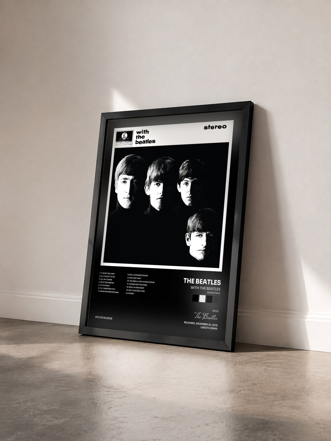 #noir With The Beatles (Remastered) by The Beatles as a framed art print seen at an angle, black frame