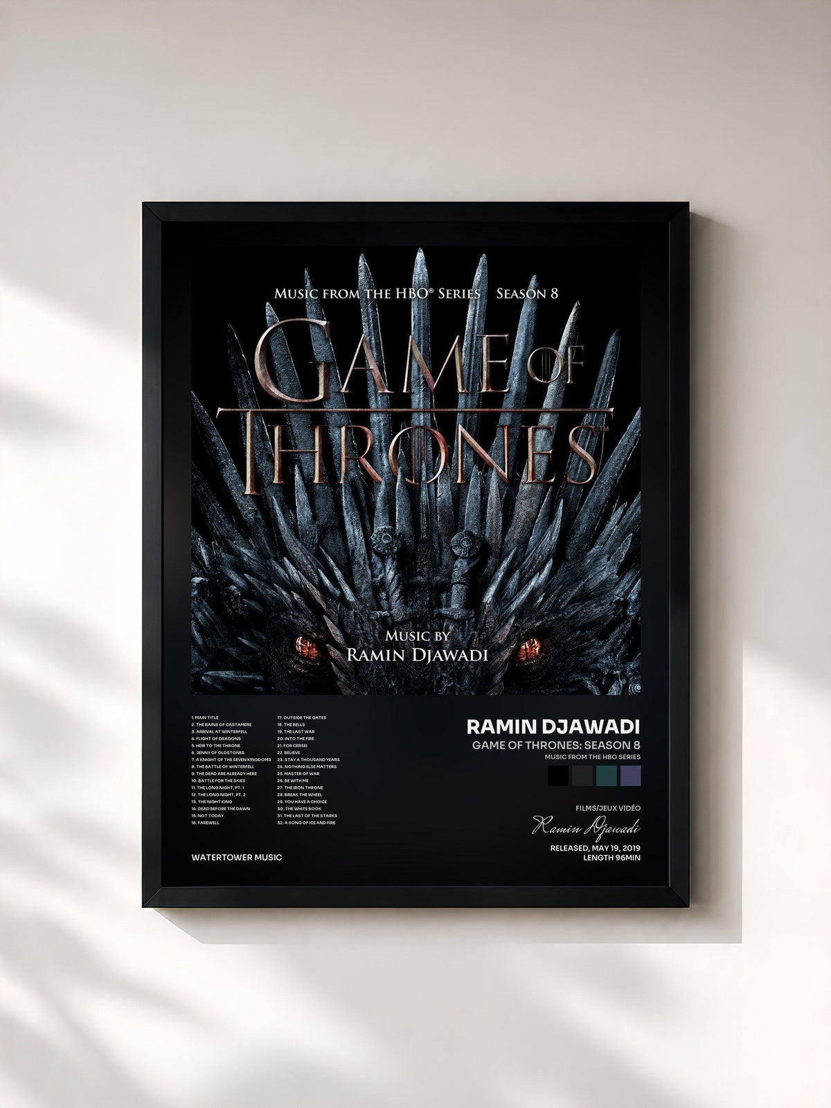 #noir Tableau de l'album Game Of Thrones: Season 8 (Music from the HBO Series) de Ramin Djawadi, cadre noir, imprimé et encadré en France