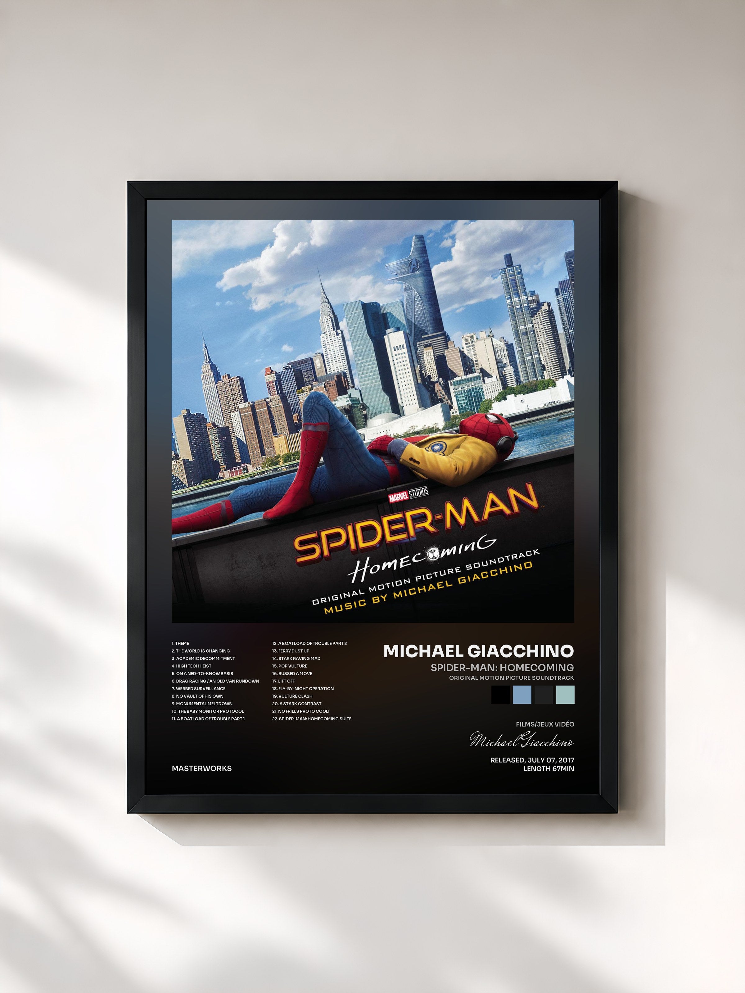 #noir Tableau de l'album Spider-Man: Homecoming (Original Motion Picture Soundtrack) de Michael Giacchino, cadre noir, imprimé et encadré en France