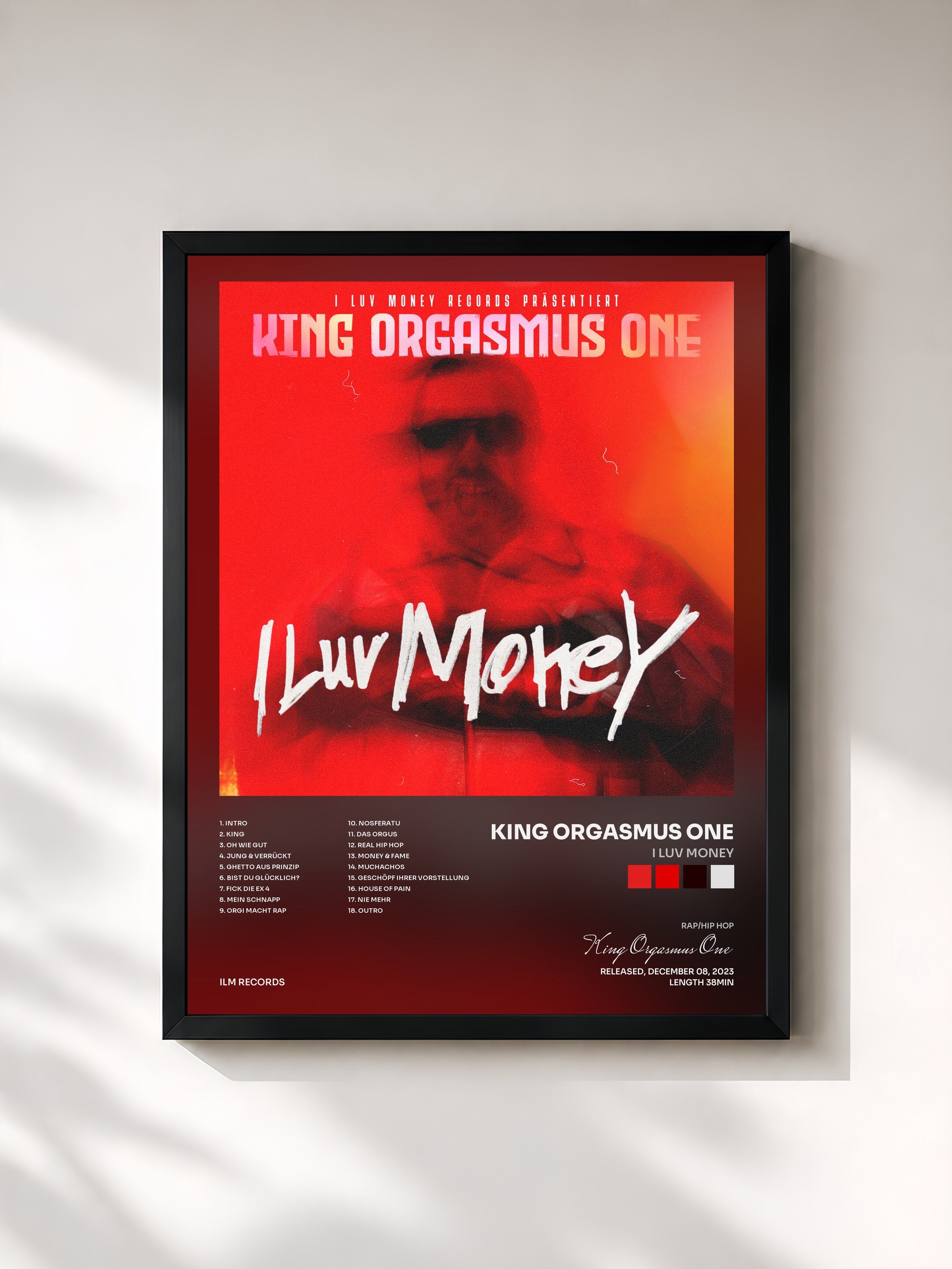 #noir Tableau de l'album I Luv Money de King Orgasmus One, cadre noir, imprimé et encadré en France