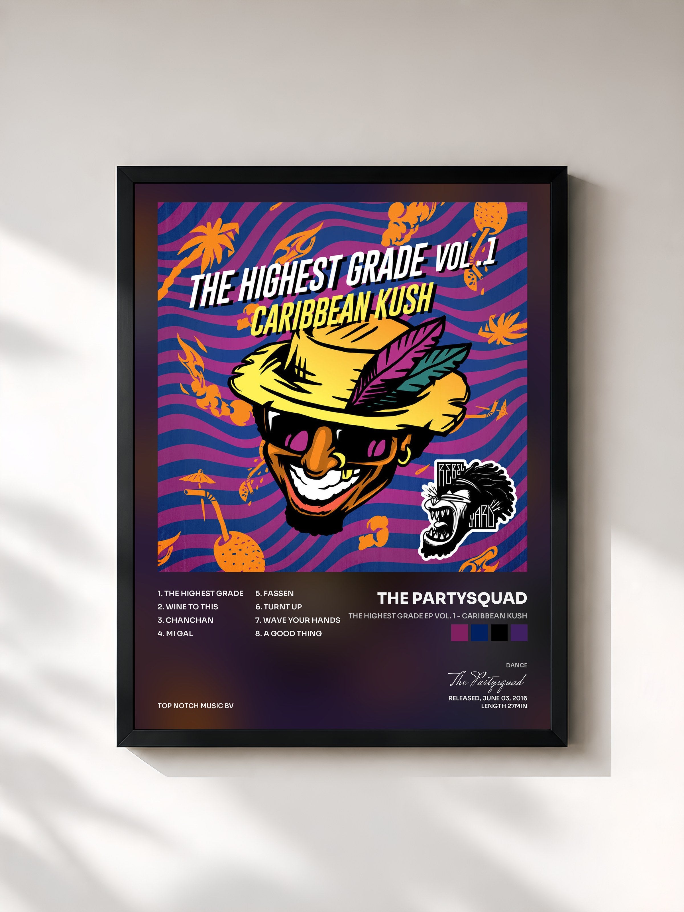 #noir Tableau de l'album The Highest Grade EP Vol. 1 - Caribbean Kush de The Partysquad, cadre noir, imprimé et encadré en France