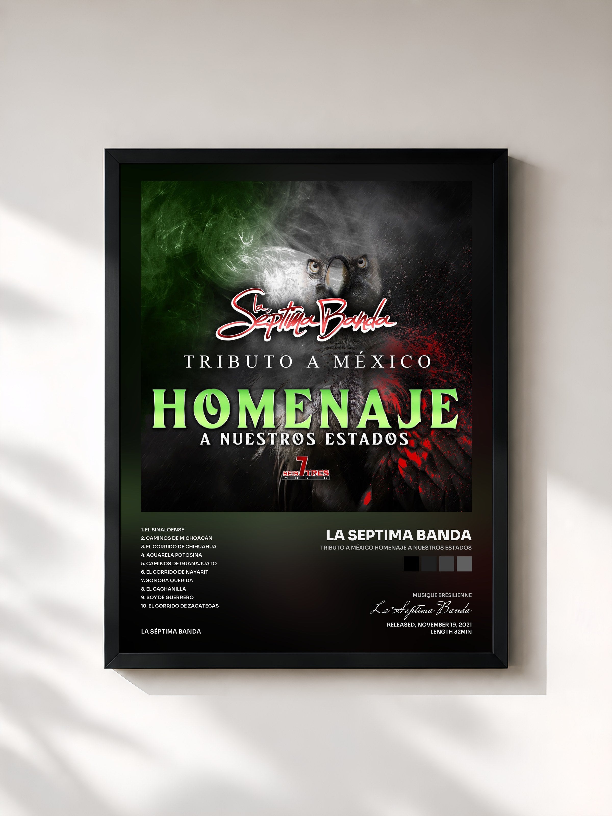 #noir Tableau de l'album Tributo a México Homenaje a Nuestros Estados de La Septima Banda, cadre noir, imprimé et encadré en France
