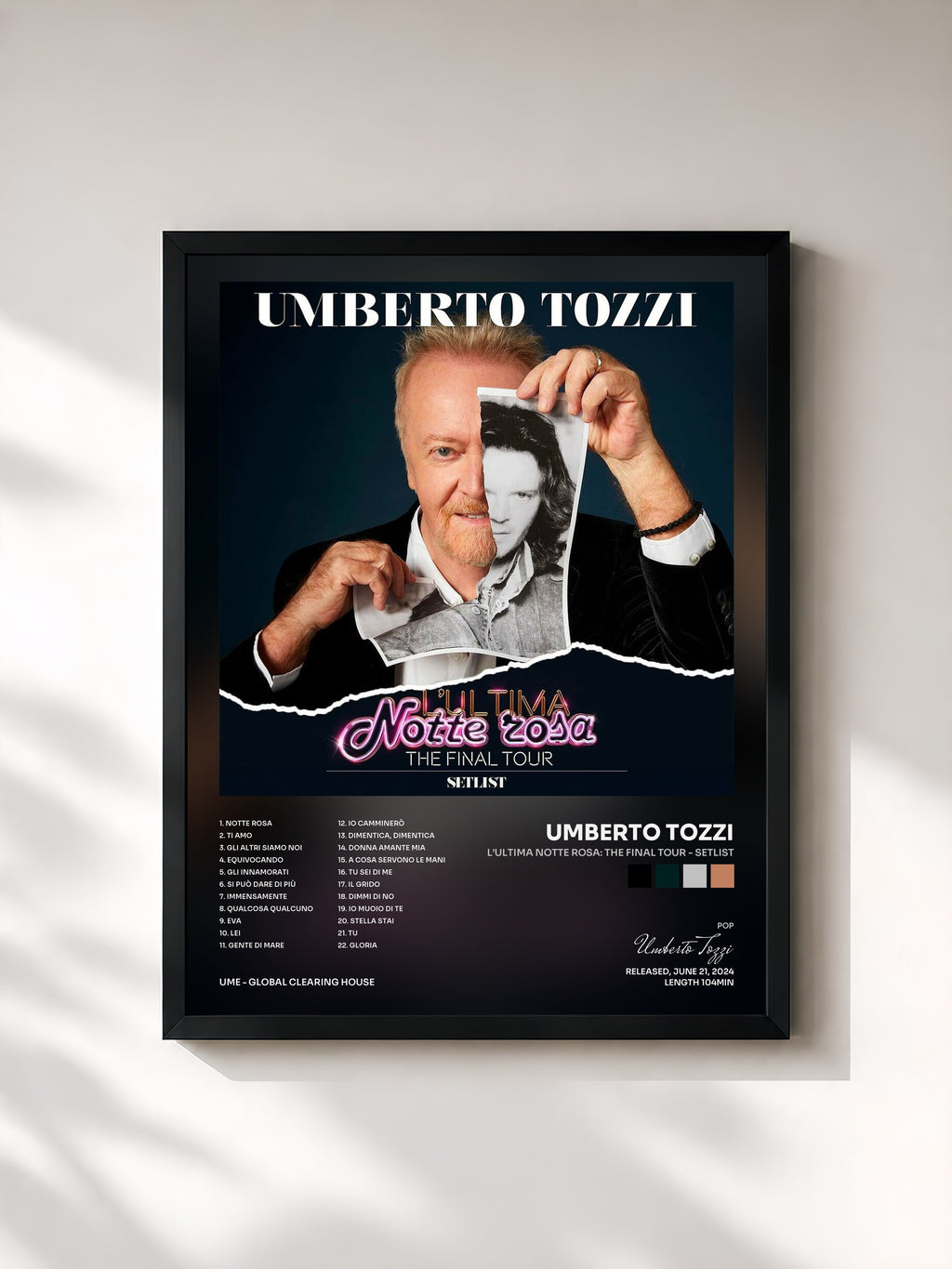 #noir Tableau de l'album L’ultima Notte rosa: The Final tour - Setlist de Umberto Tozzi, cadre noir, imprimé et encadré en France