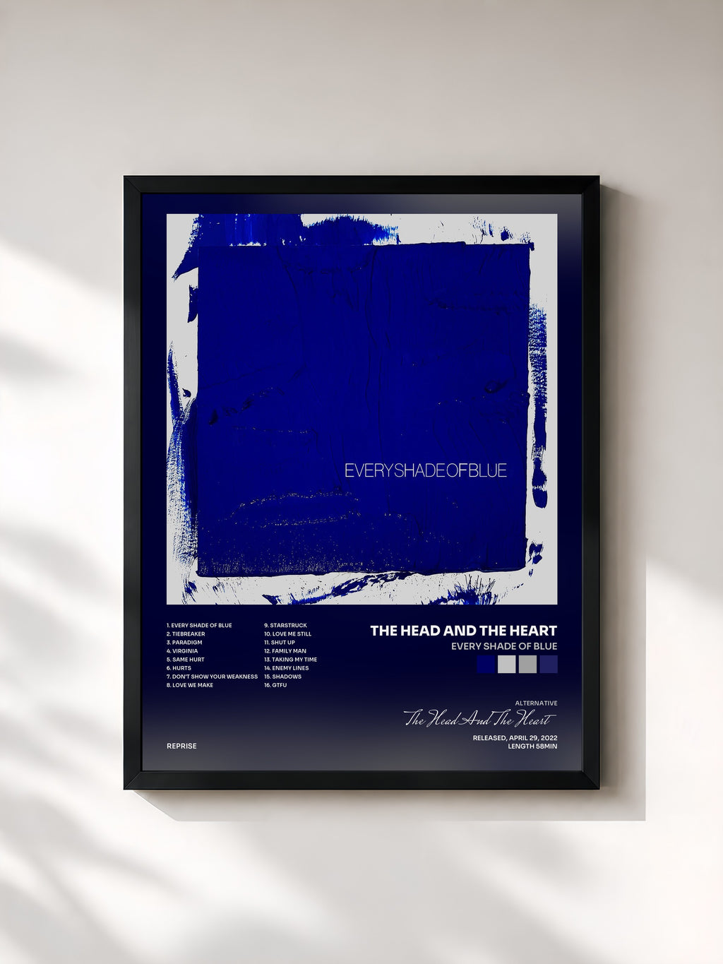 #noir Tableau de l'album Every Shade of Blue de The Head And The Heart, cadre noir, imprimé et encadré en France