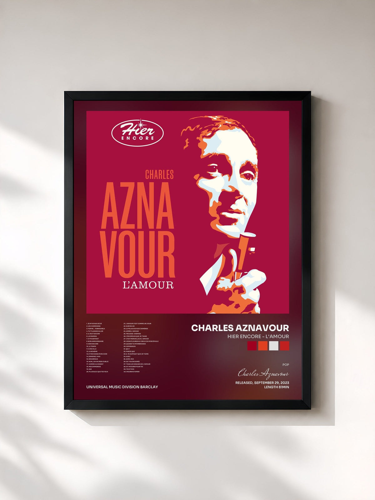 #noir Tableau de l'album Hier encore - L'amour de Charles Aznavour, cadre noir, imprimé et encadré en France