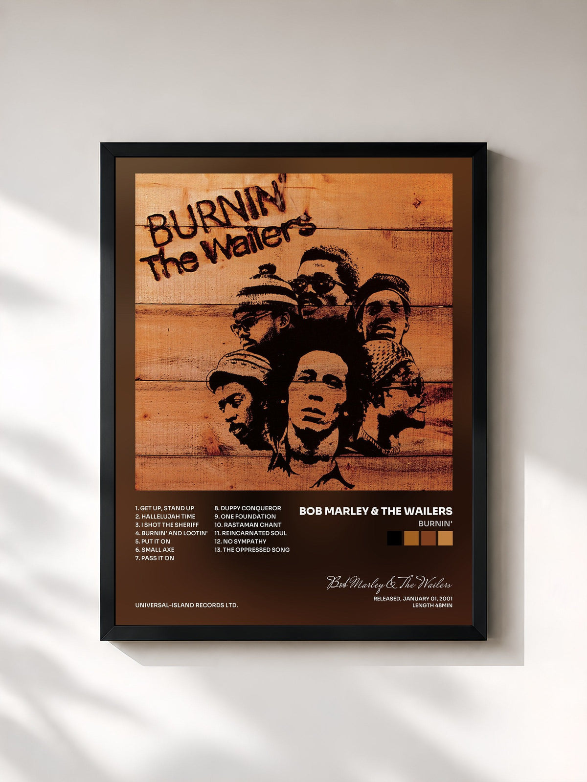 #noir Tableau de l'album Burnin' de Bob Marley & The Wailers, cadre noir, imprimé et encadré en France
