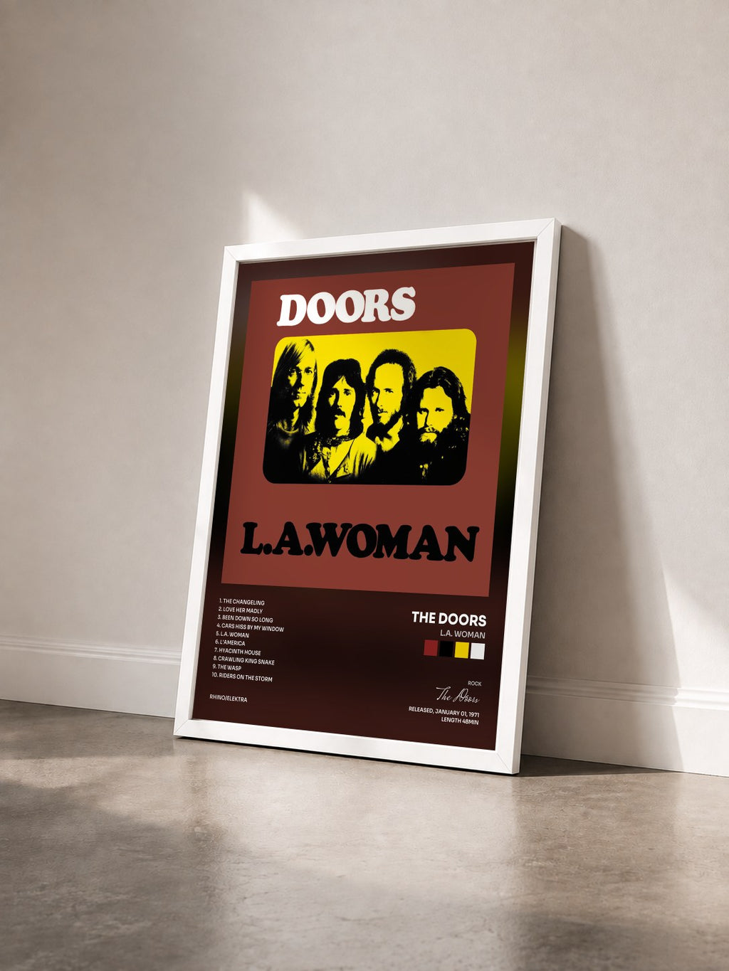 #blanc Tableau de l'album L.A. Woman de The Doors vu de trois quarts, cadre blanc