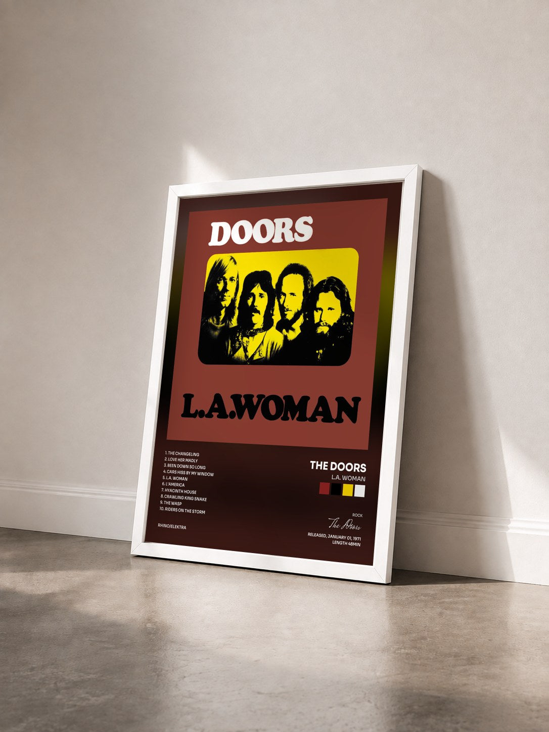 #blanc Tableau de l'album L.A. Woman de The Doors vu de trois quarts, cadre blanc