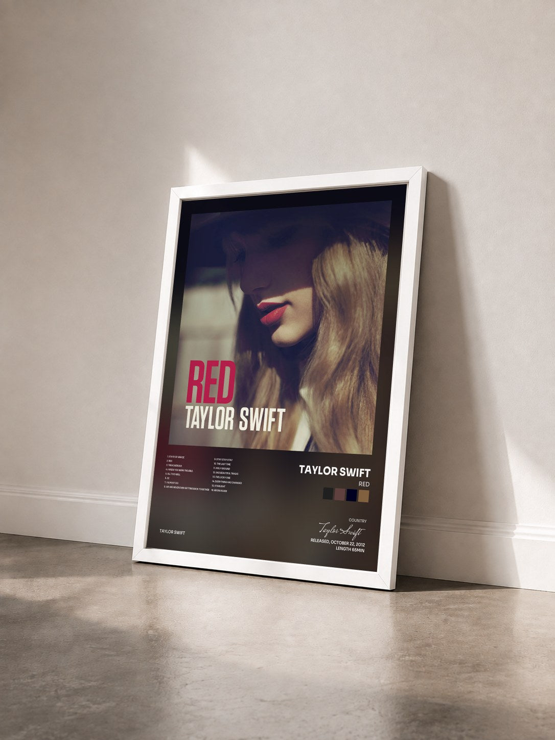 #blanc Red by Taylor Swift as a framed art print seen at an angle, white frame