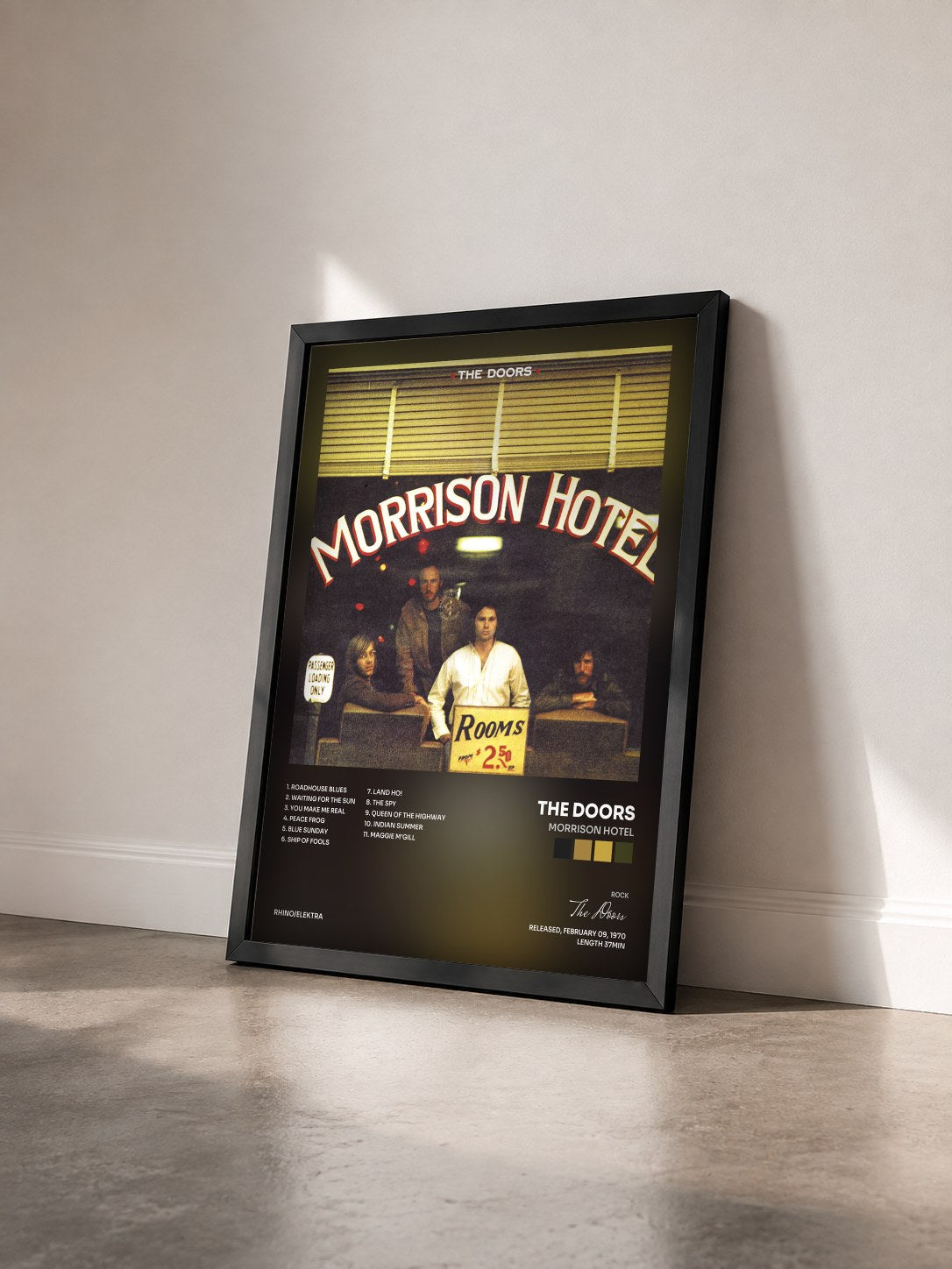 #noir Morrison Hotel de The Doors en lámina enmarcada vista de tres cuartos, marco negro