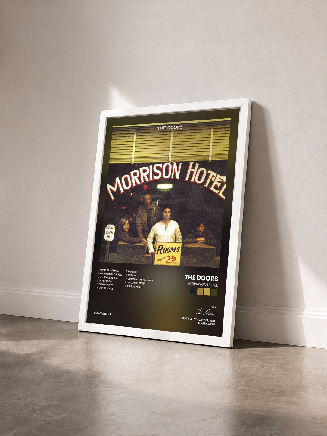 #blanc Morrison Hotel de The Doors en lámina enmarcada vista de tres cuartos, marco blanco