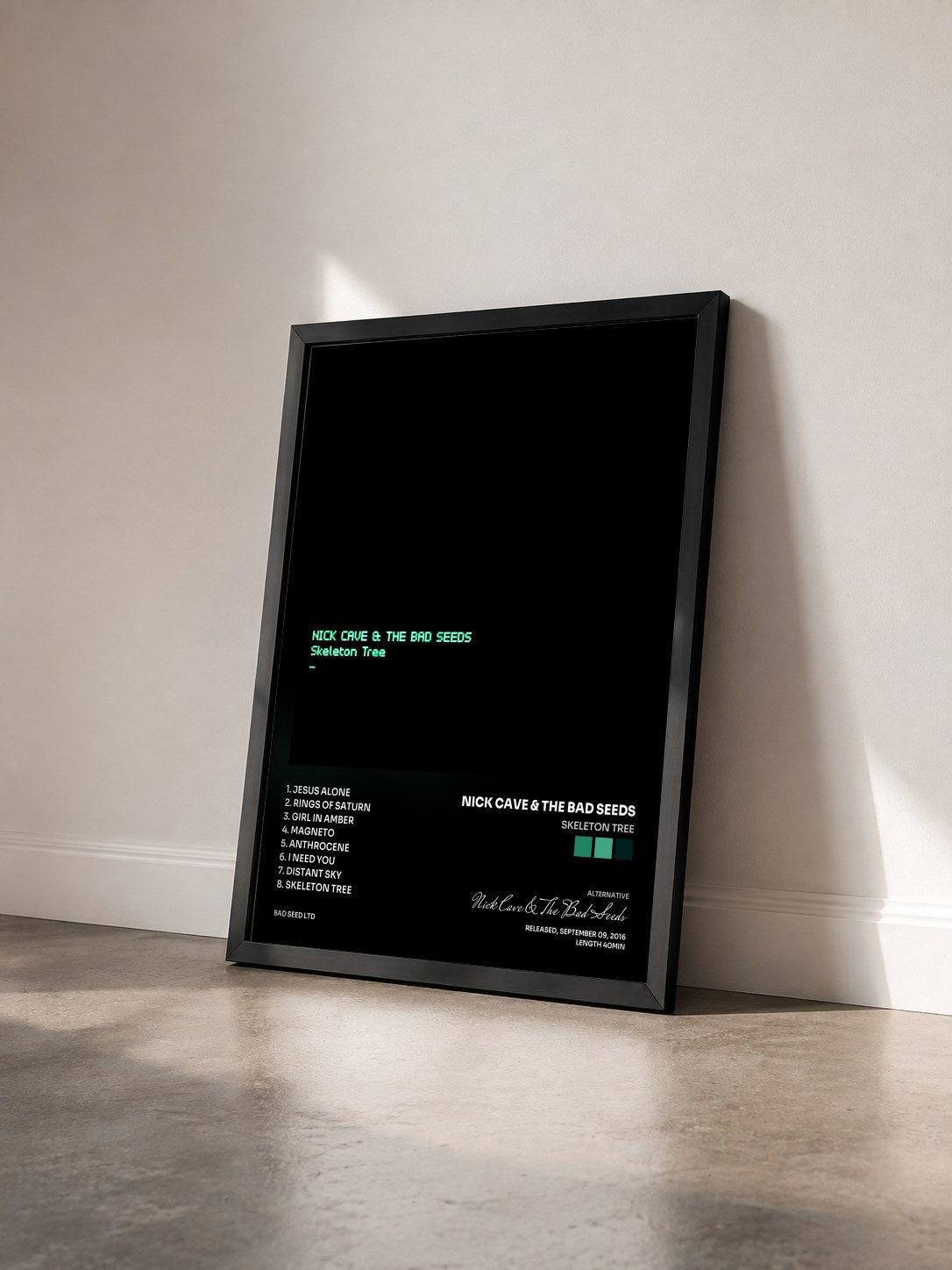 #noir Tableau de l'album Skeleton Tree de Nick Cave & The Bad Seeds vu de trois quarts, cadre noir