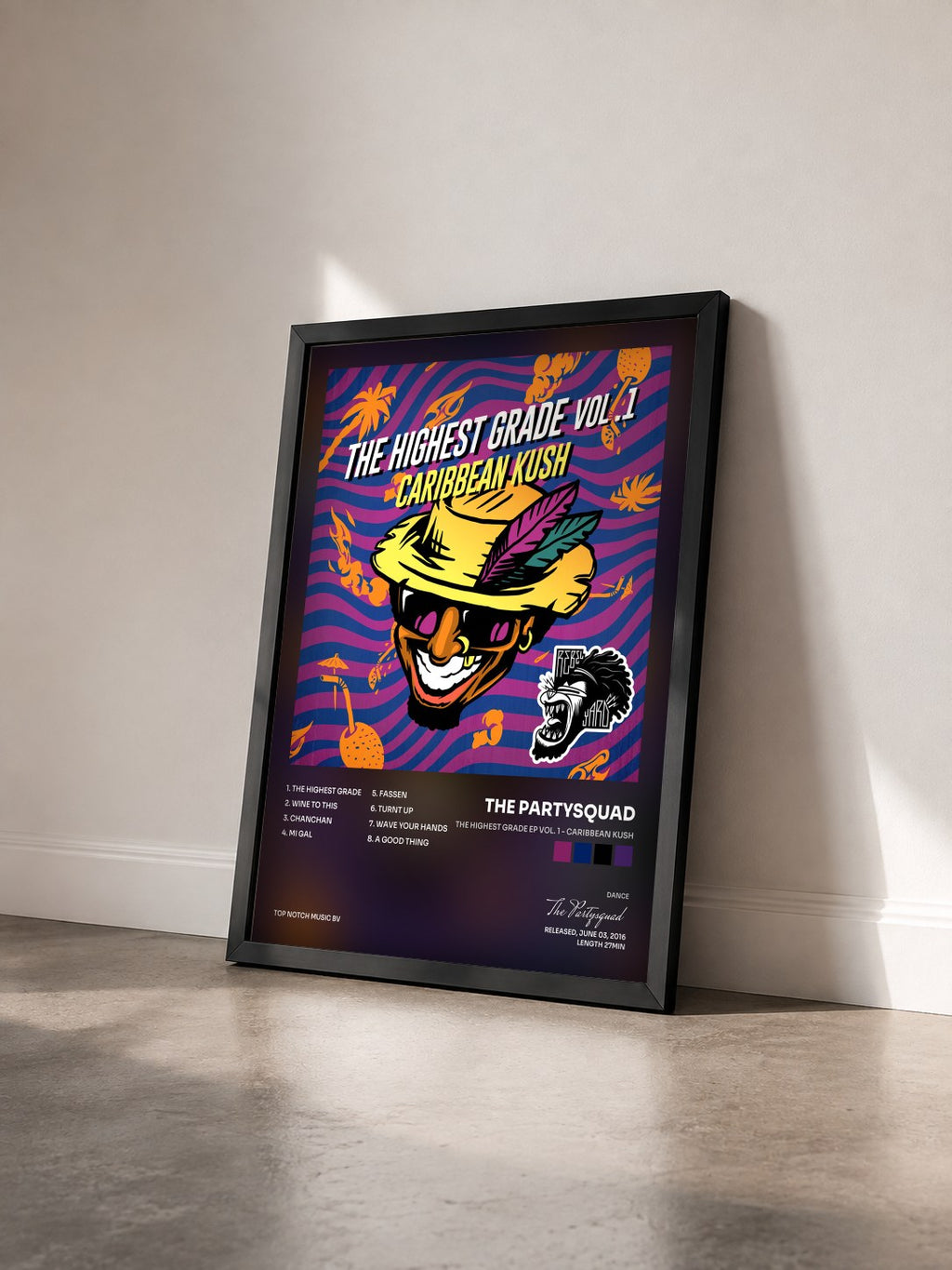#noir Tableau de l'album The Highest Grade EP Vol. 1 - Caribbean Kush de The Partysquad vu de trois quarts, cadre noir
