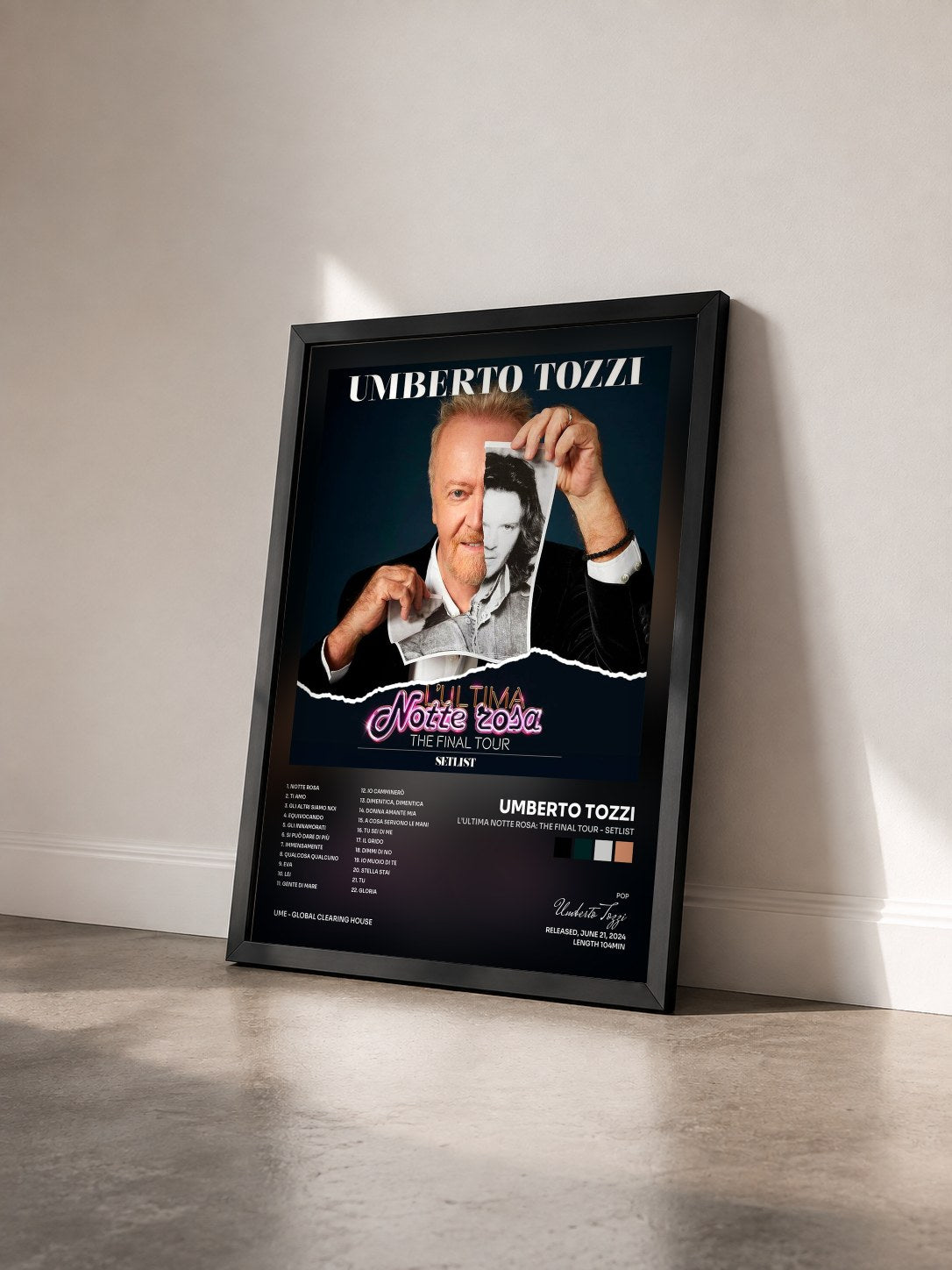 #noir Tableau de l'album L’ultima Notte rosa: The Final tour - Setlist de Umberto Tozzi vu de trois quarts, cadre noir