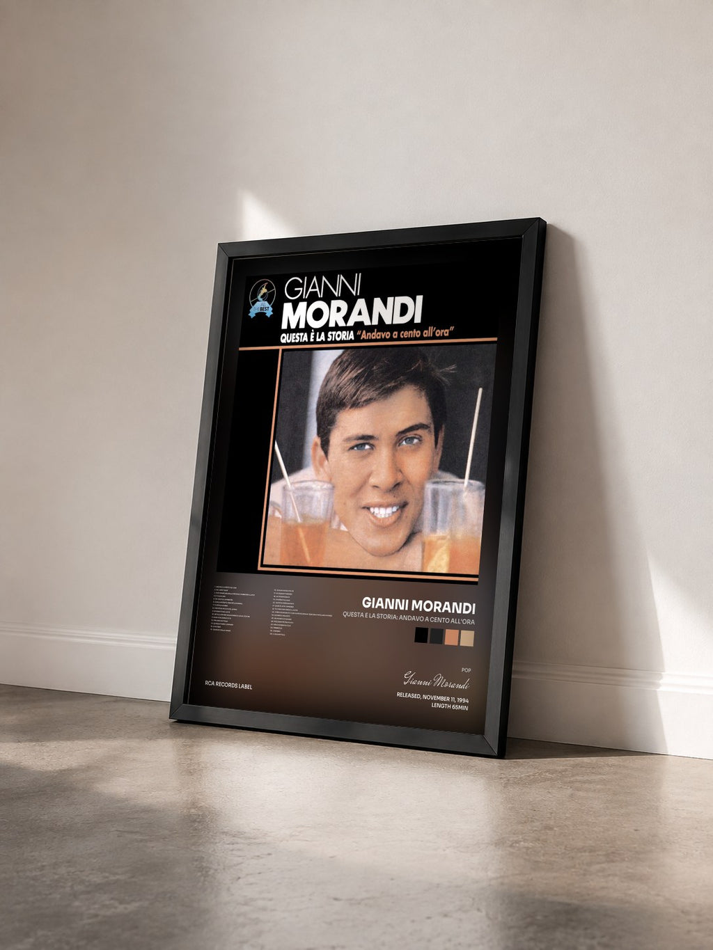 #noir Tableau de l'album Questa E La Storia: Andavo A Cento All'ora de Gianni Morandi vu de trois quarts, cadre noir