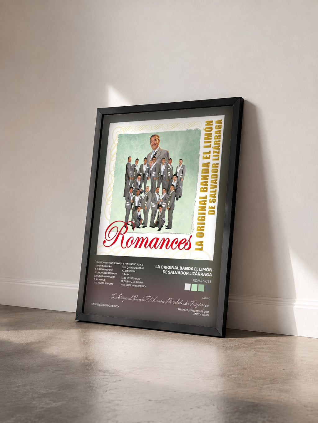 #noir Tableau de l'album Romances de La Original Banda El Limón De Salvador Lizárraga vu de trois quarts, cadre noir