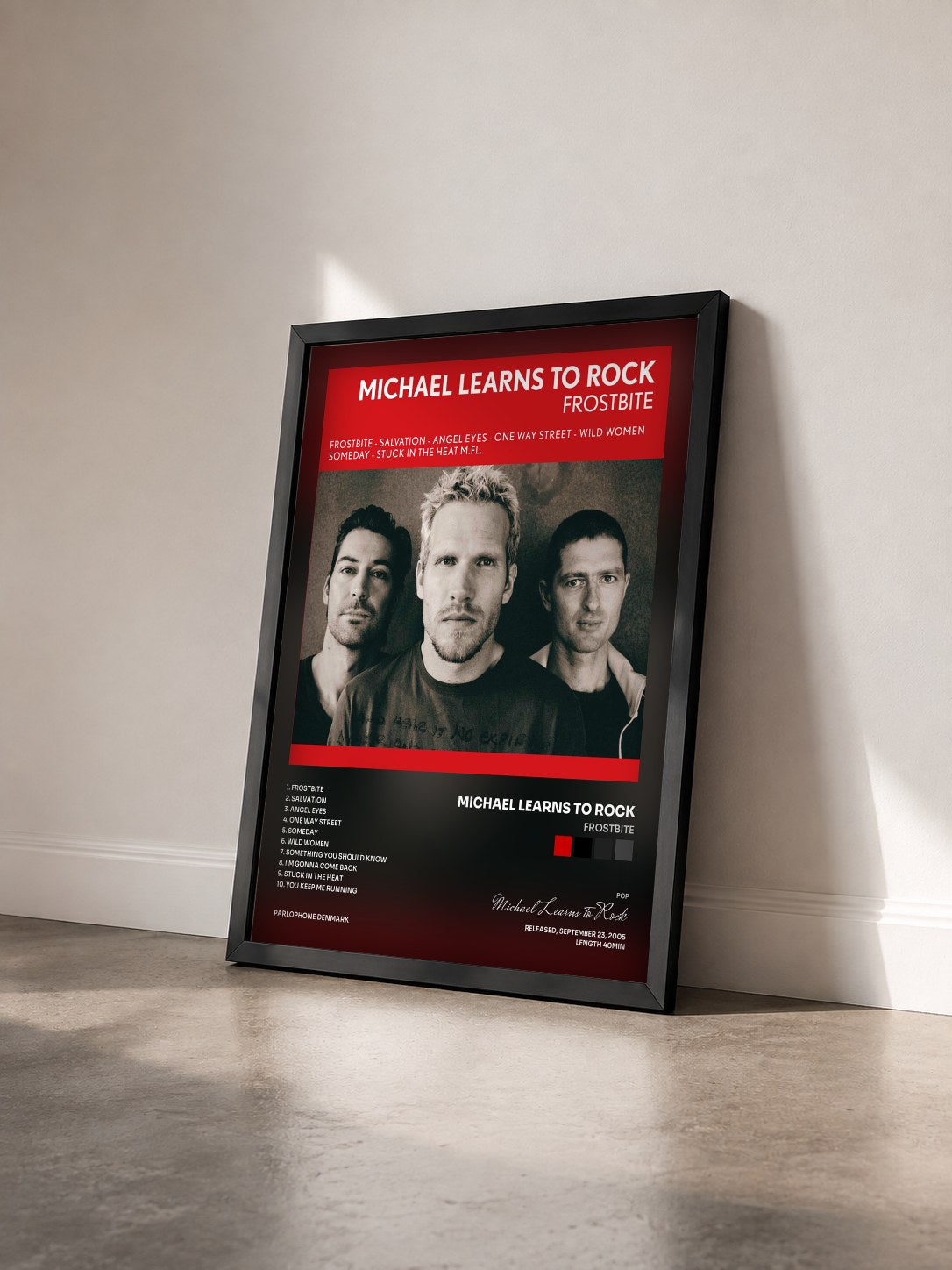 #noir Tableau de l'album Frostbite de Michael Learns to Rock vu de trois quarts, cadre noir