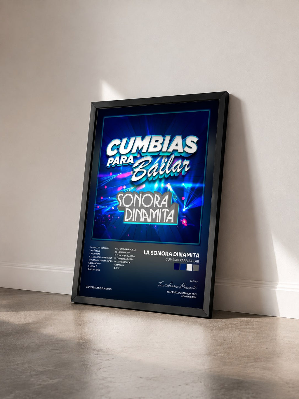 #noir Cumbias Para Bailar di La Sonora Dinamita in stampa incorniciata vista di tre quarti, cornice nera