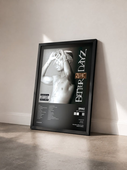 #noir Better Dayz by 2Pac as a framed art print seen at an angle, black frame