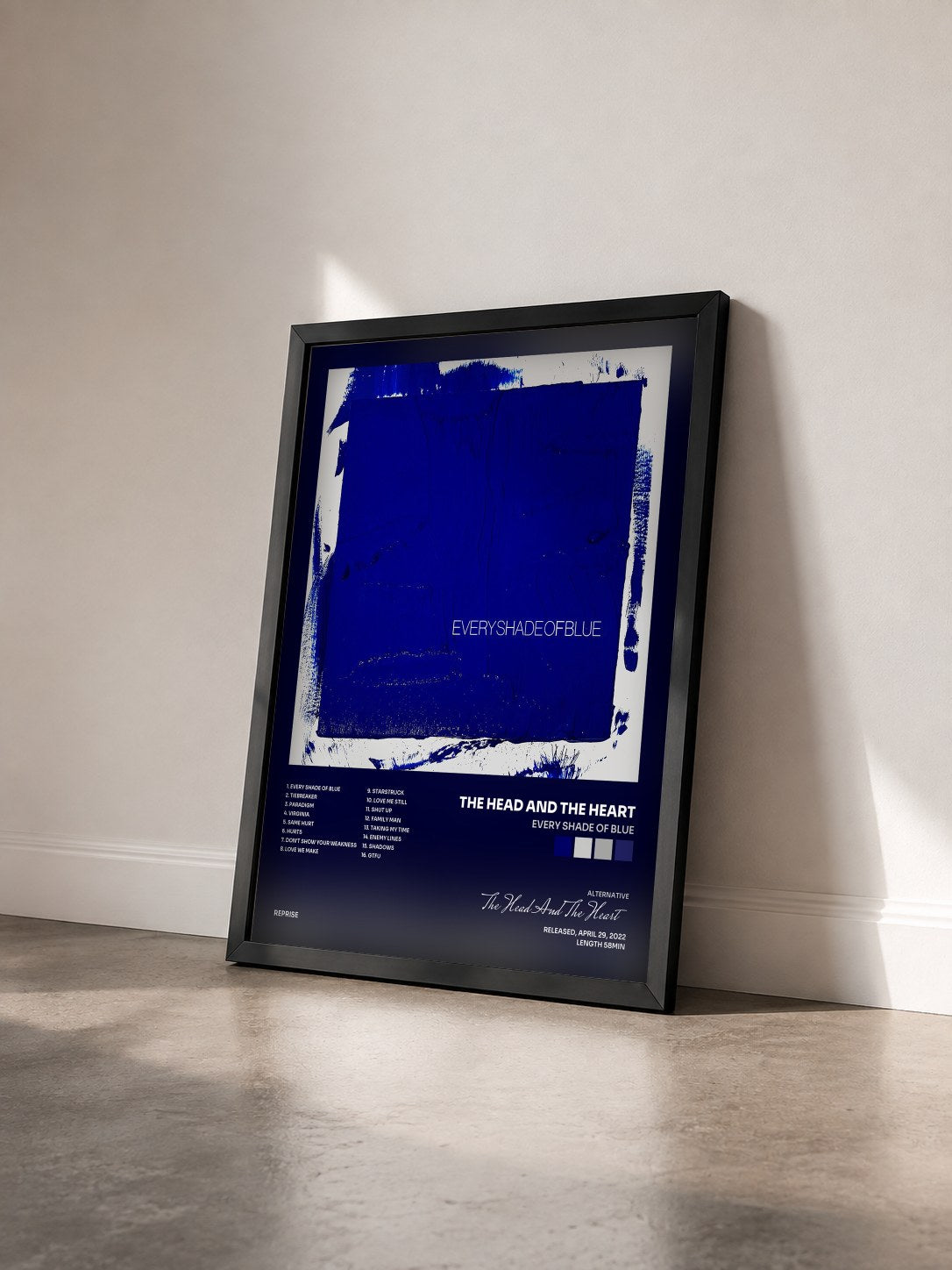 #noir Tableau de l'album Every Shade of Blue de The Head And The Heart vu de trois quarts, cadre noir