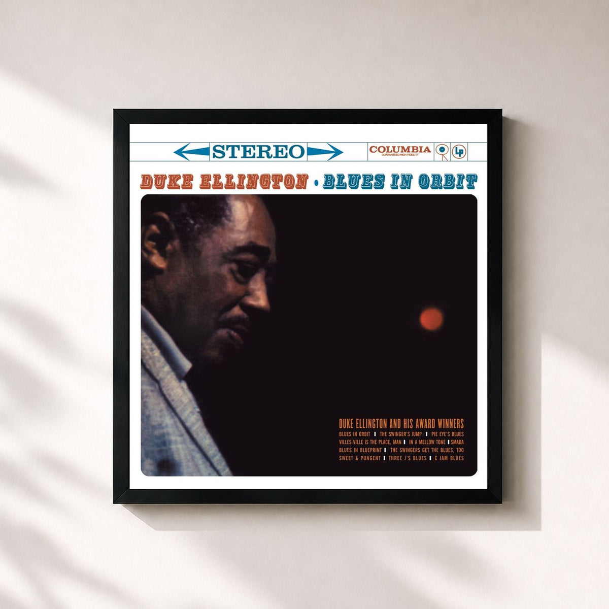#noir Tableau carré de l'album Blues In Orbit de Duke Ellington, cadre noir 32x32 cm