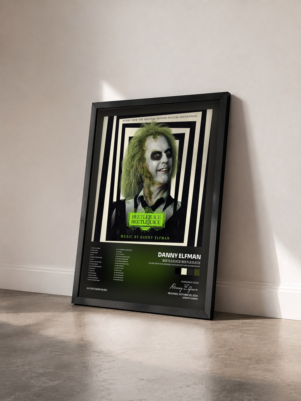 #noir Beetlejuice Beetlejuice (Score from the Original Motion Picture Soundtrack) by Danny Elfman as a framed art print seen at an angle, black frame
