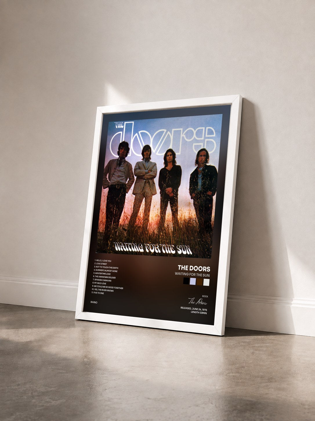 #blanc Tableau de l'album Waiting for the Sun de The Doors vu de trois quarts, cadre blanc