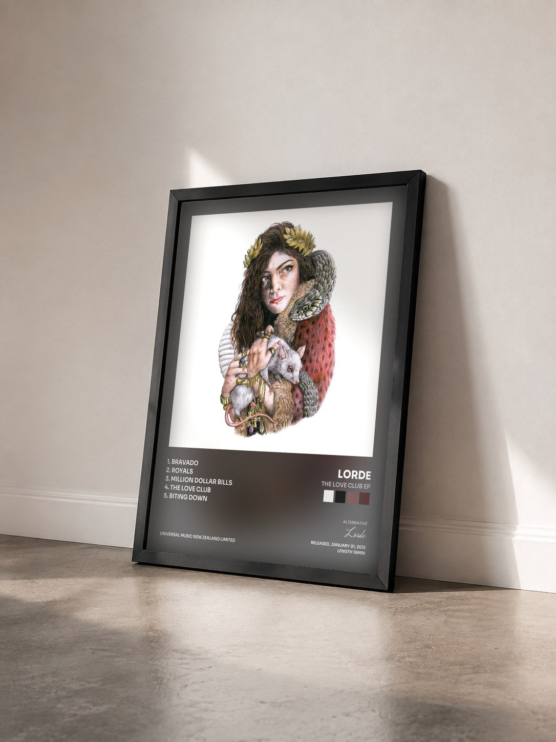 #noir The Love Club EP by Lorde as a framed art print seen at an angle, black frame