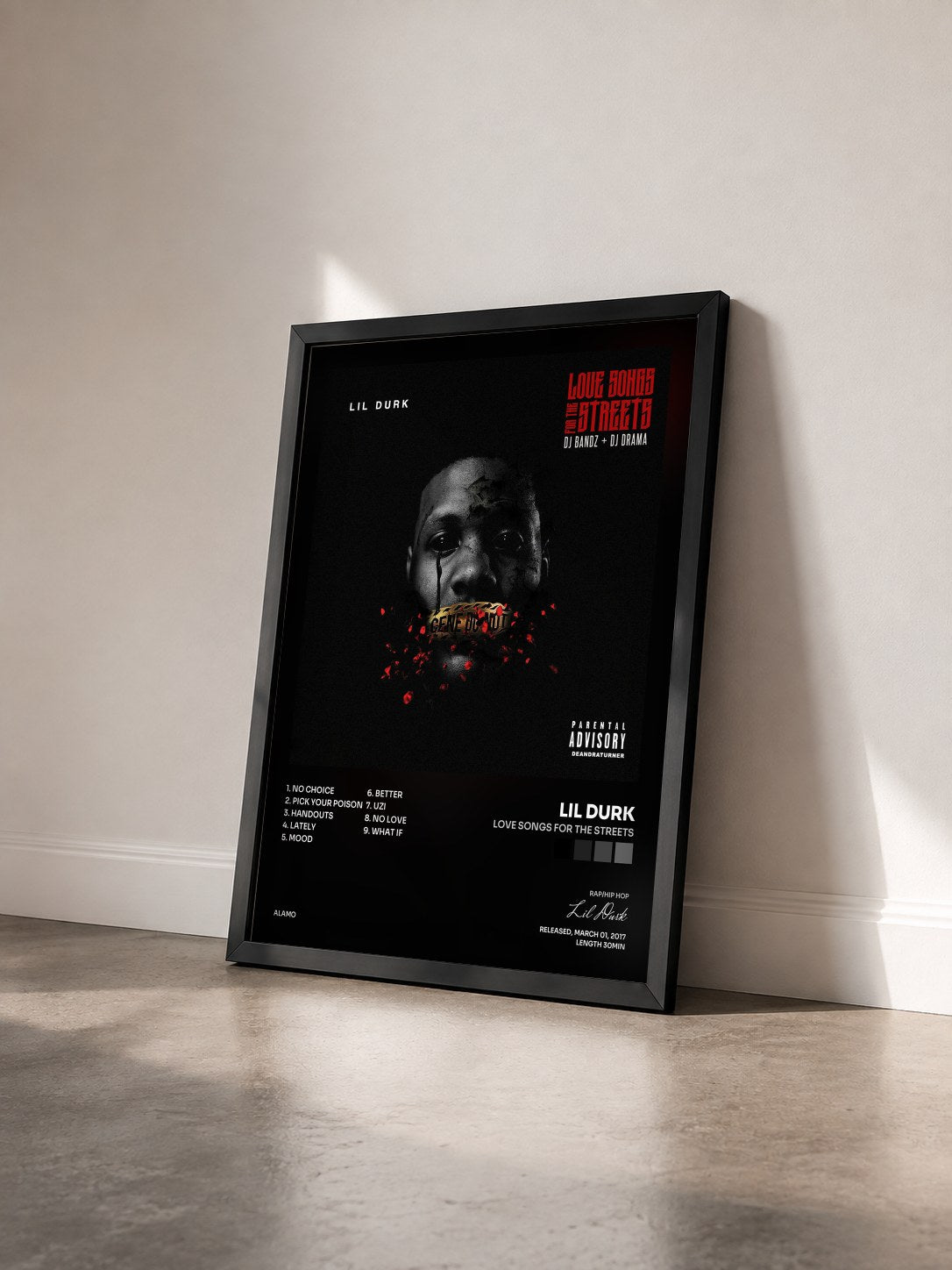 #noir Tableau de l'album Love Songs for the Streets de Lil Durk vu de trois quarts, cadre noir