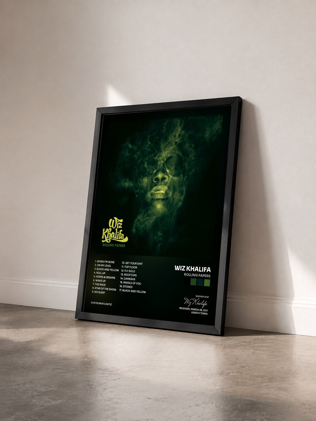 #noir Rolling Papers de Wiz Khalifa en lámina enmarcada vista de tres cuartos, marco negro