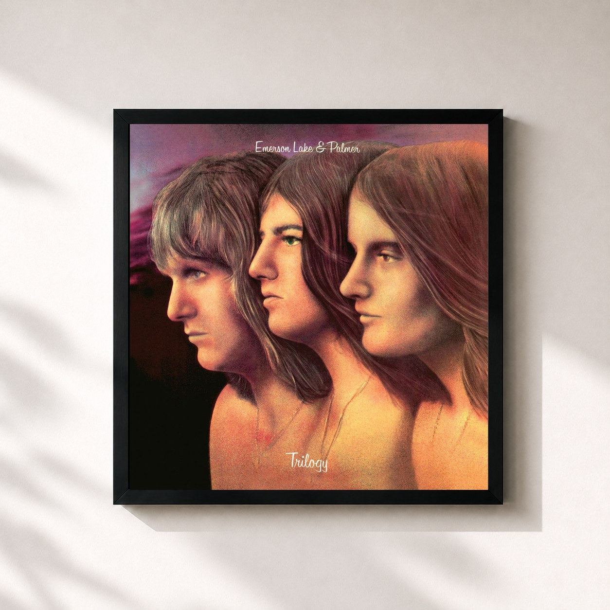 #noir Tableau carré de l'album Trilogy de Emerson, Lake & Palmer, cadre noir 32x32 cm