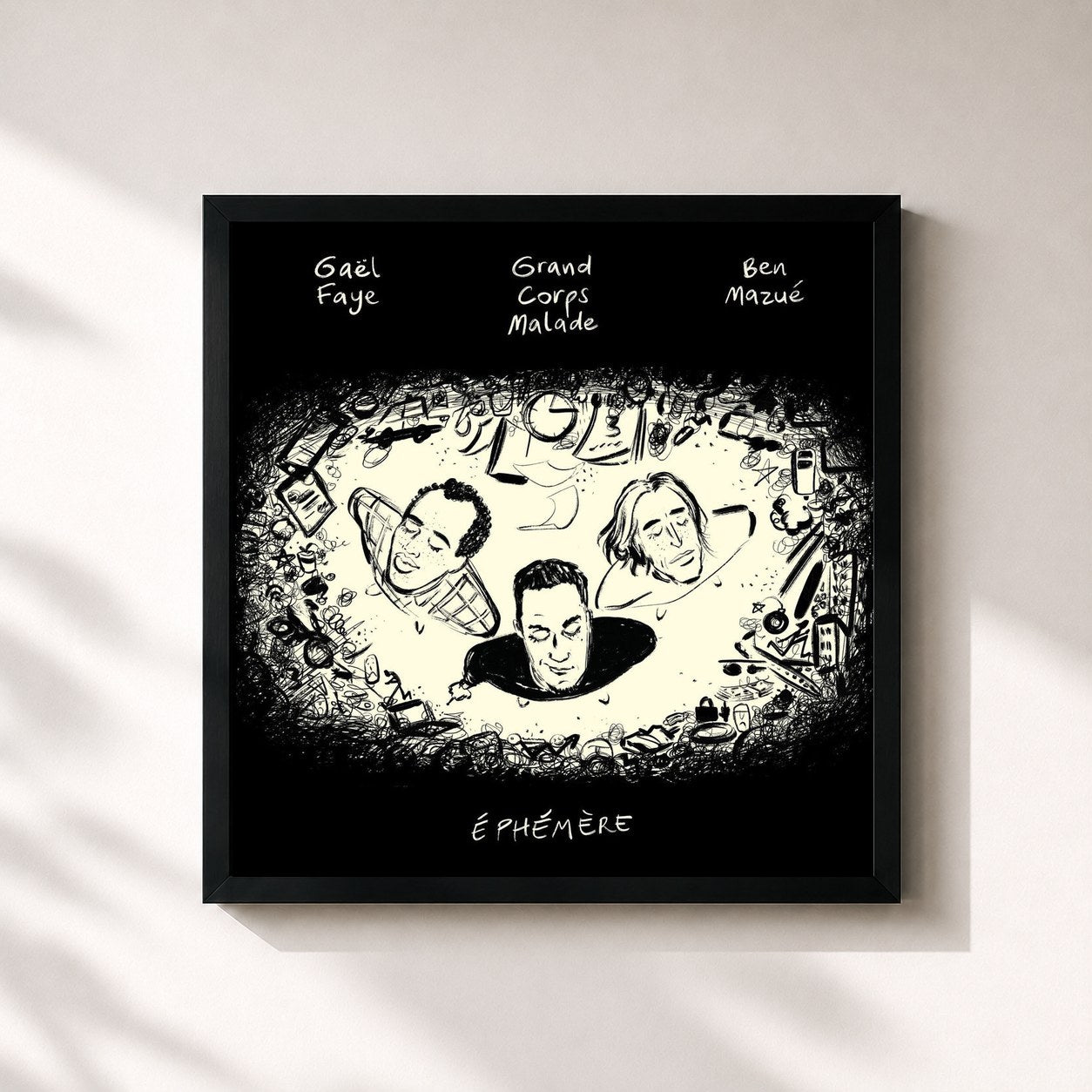 #noir Tableau carré de l'album Éphémère de Grand Corps Malade, cadre noir 32x32 cm
