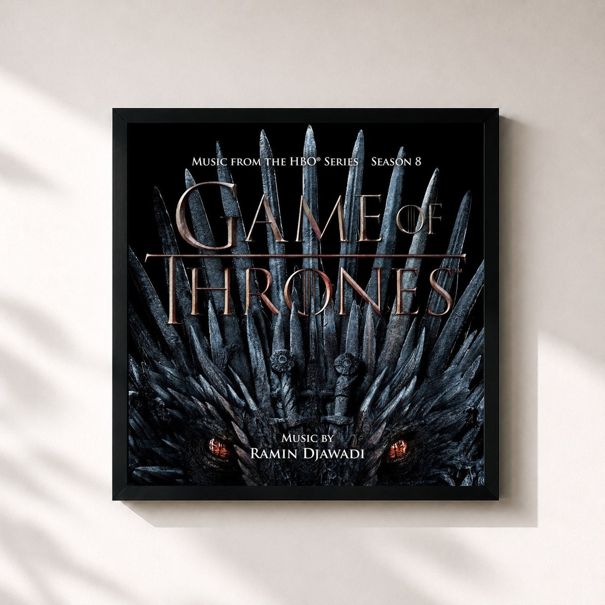 #noir Tableau carré de l'album Game Of Thrones: Season 8 (Music from the HBO Series) de Ramin Djawadi, cadre noir 32x32 cm