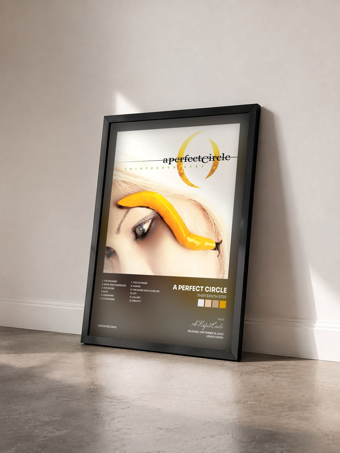 #noir Thirteenth Step by A Perfect Circle as a framed art print seen at an angle, black frame