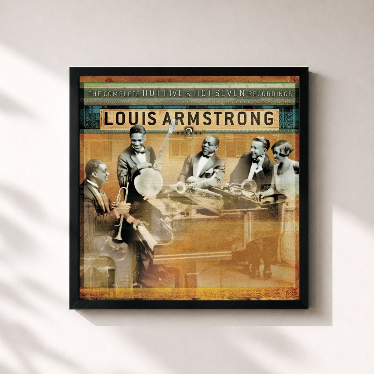 #noir Tableau carré de l'album The Complete Hot Five And Hot Seven Recordings Volume 2 de Louis Armstrong, cadre noir 32x32 cm