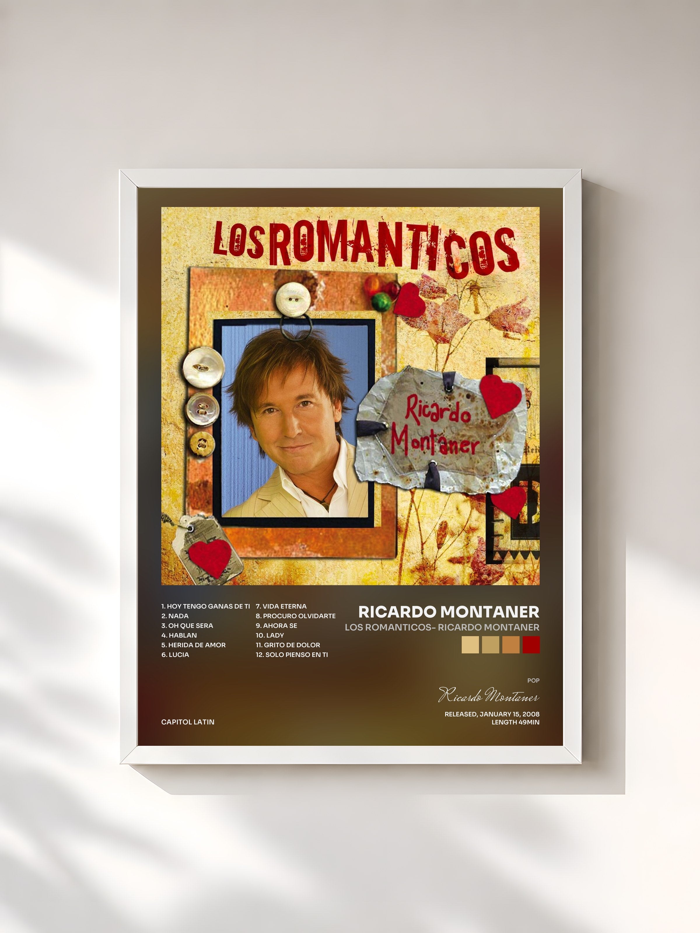 #blanc Tableau de l'album Los Romanticos- Ricardo Montaner de Ricardo Montaner, cadre blanc, imprimé et encadré en France