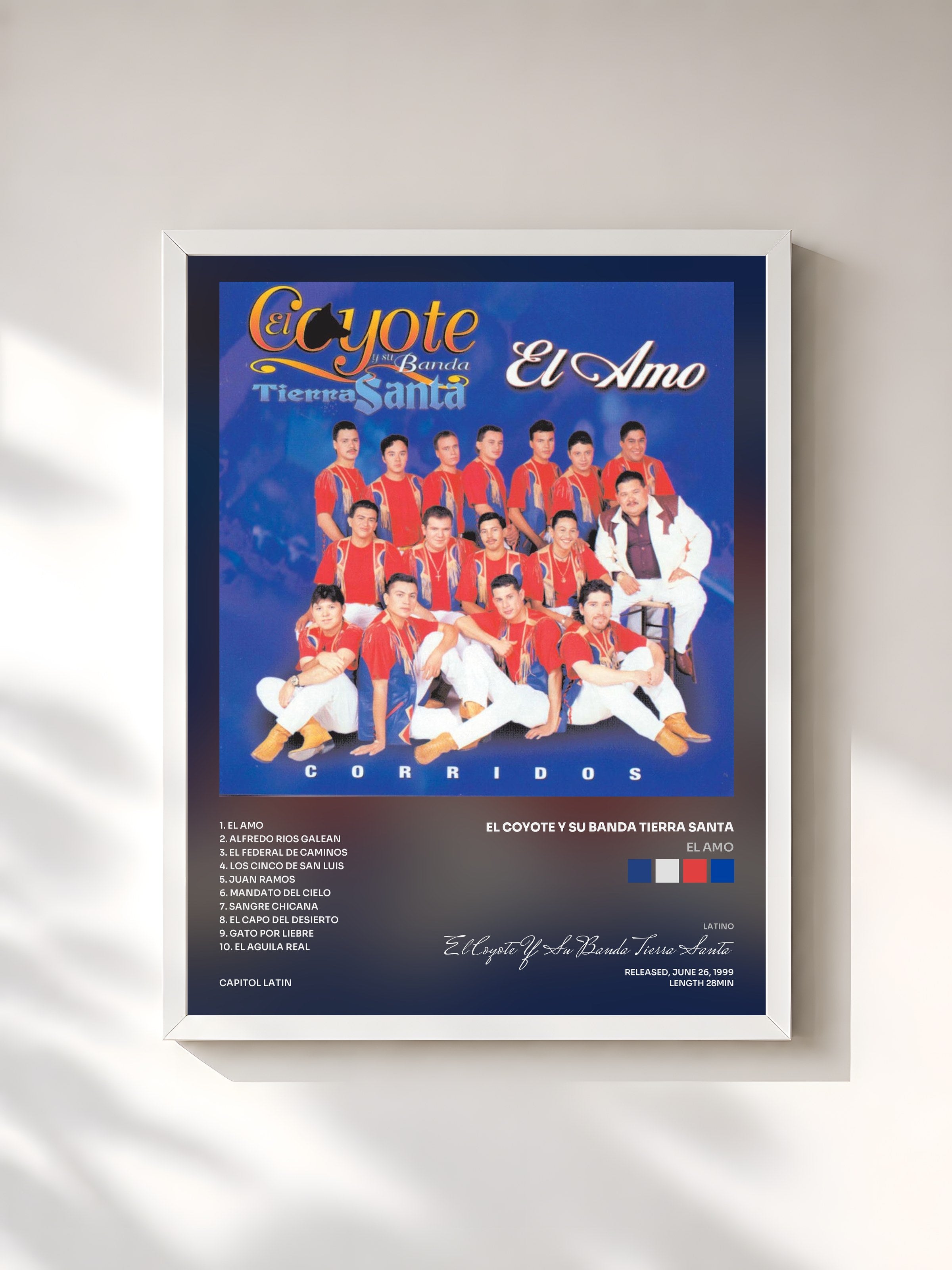 #blanc Tableau de l'album El Amo de El Coyote Y Su Banda Tierra Santa, cadre blanc, imprimé et encadré en France