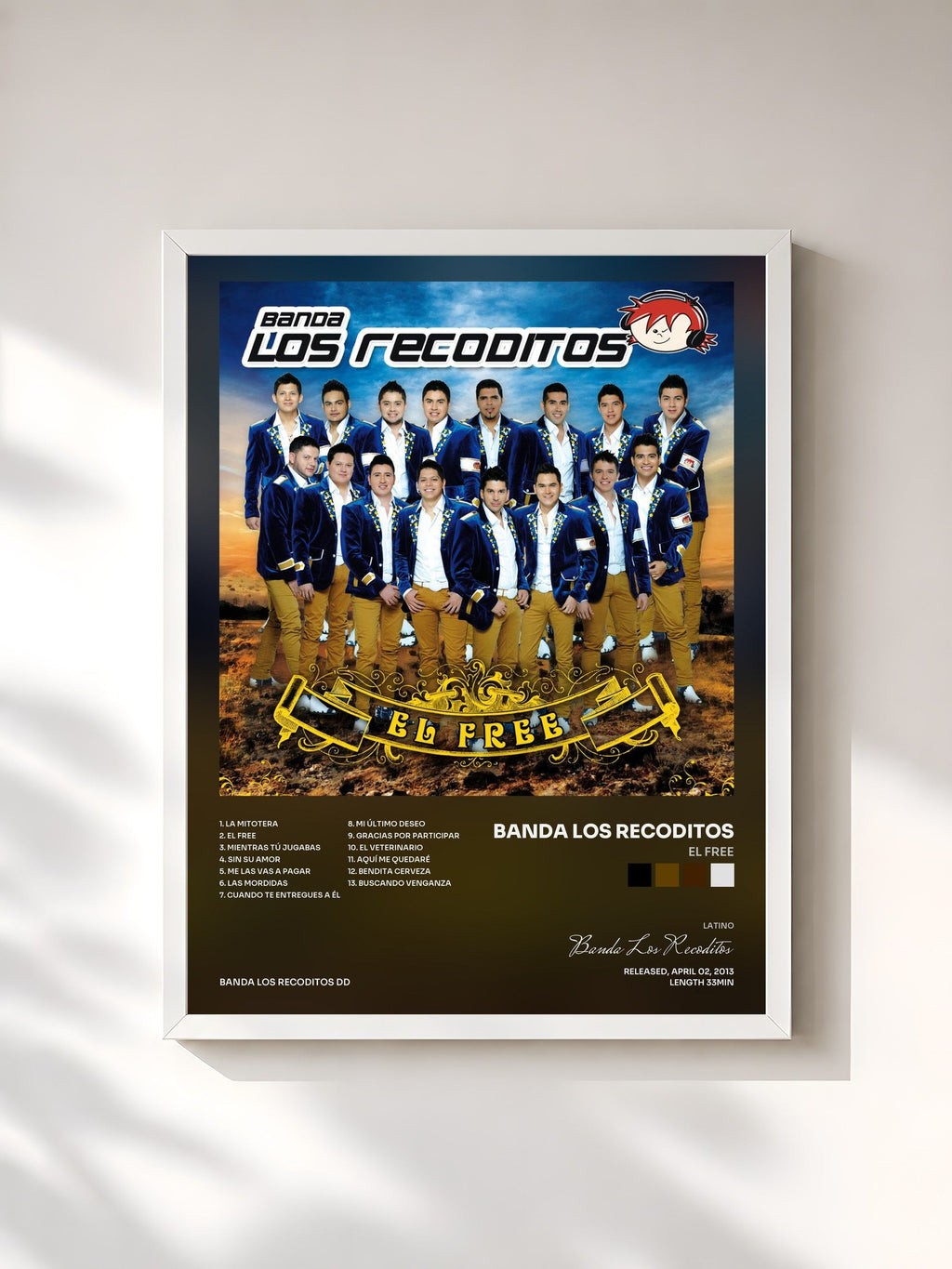 #blanc Tableau de l'album El Free de Banda Los Recoditos, cadre blanc, imprimé et encadré en France