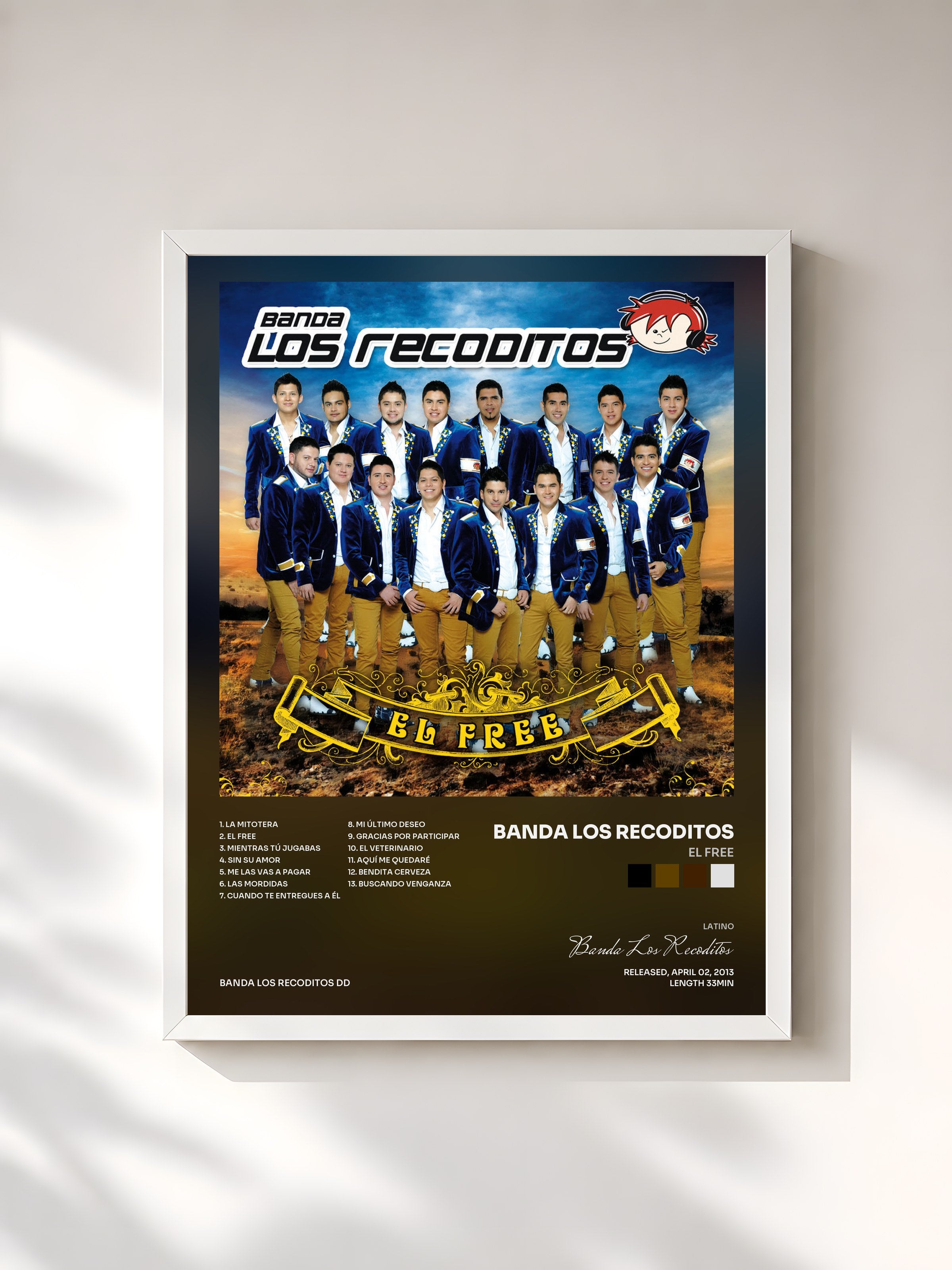 #blanc Tableau de l'album El Free de Banda Los Recoditos, cadre blanc, imprimé et encadré en France