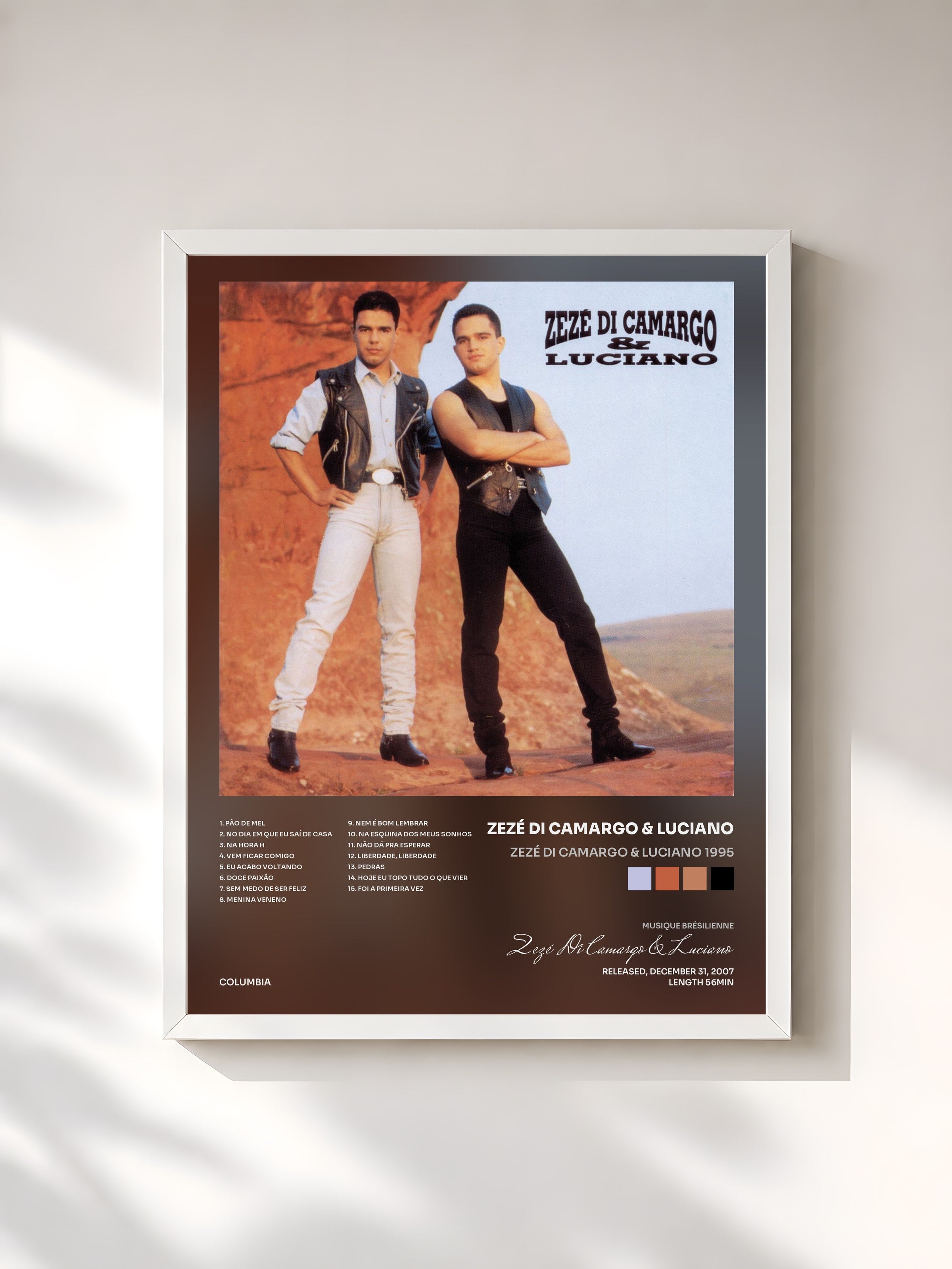 #blanc Tableau de l'album Zezé Di Camargo & Luciano 1995 de Zezé Di Camargo & Luciano, cadre blanc, imprimé et encadré en France