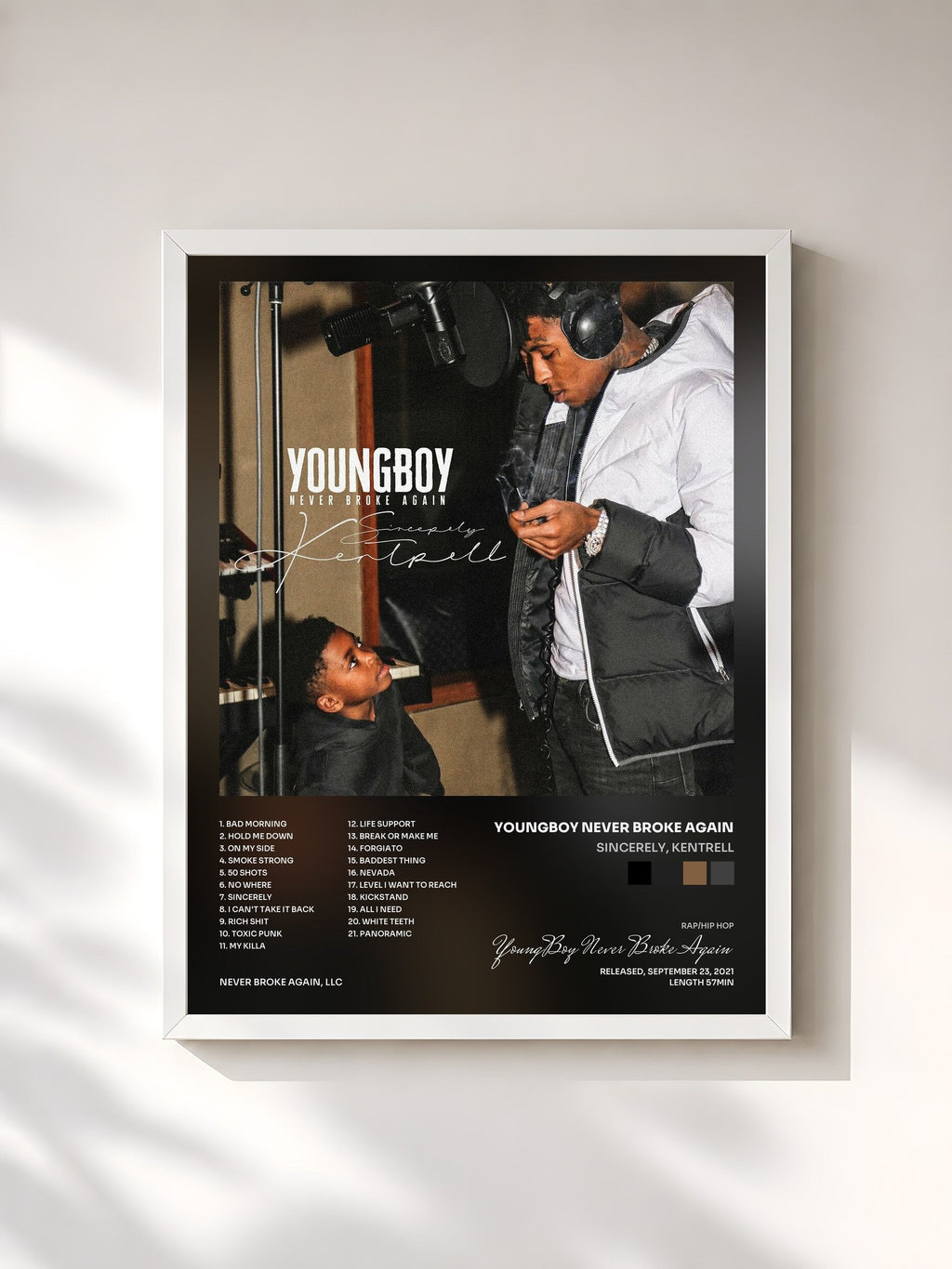 #blanc Tableau de l'album Sincerely, Kentrell de YoungBoy Never Broke Again, cadre blanc, imprimé et encadré en France