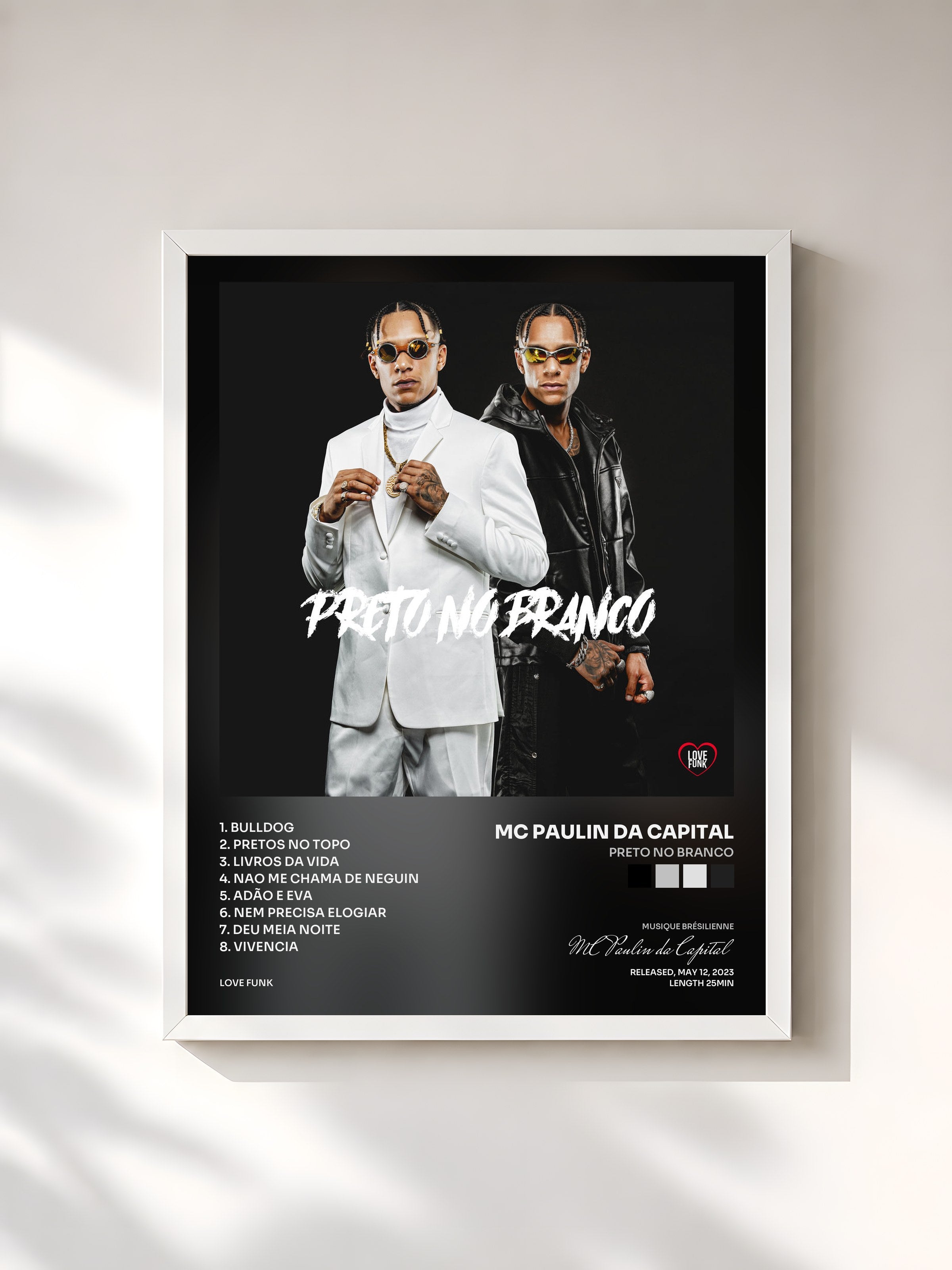 #blanc Tableau de l'album Preto No Branco de MC Paulin da Capital, cadre blanc, imprimé et encadré en France