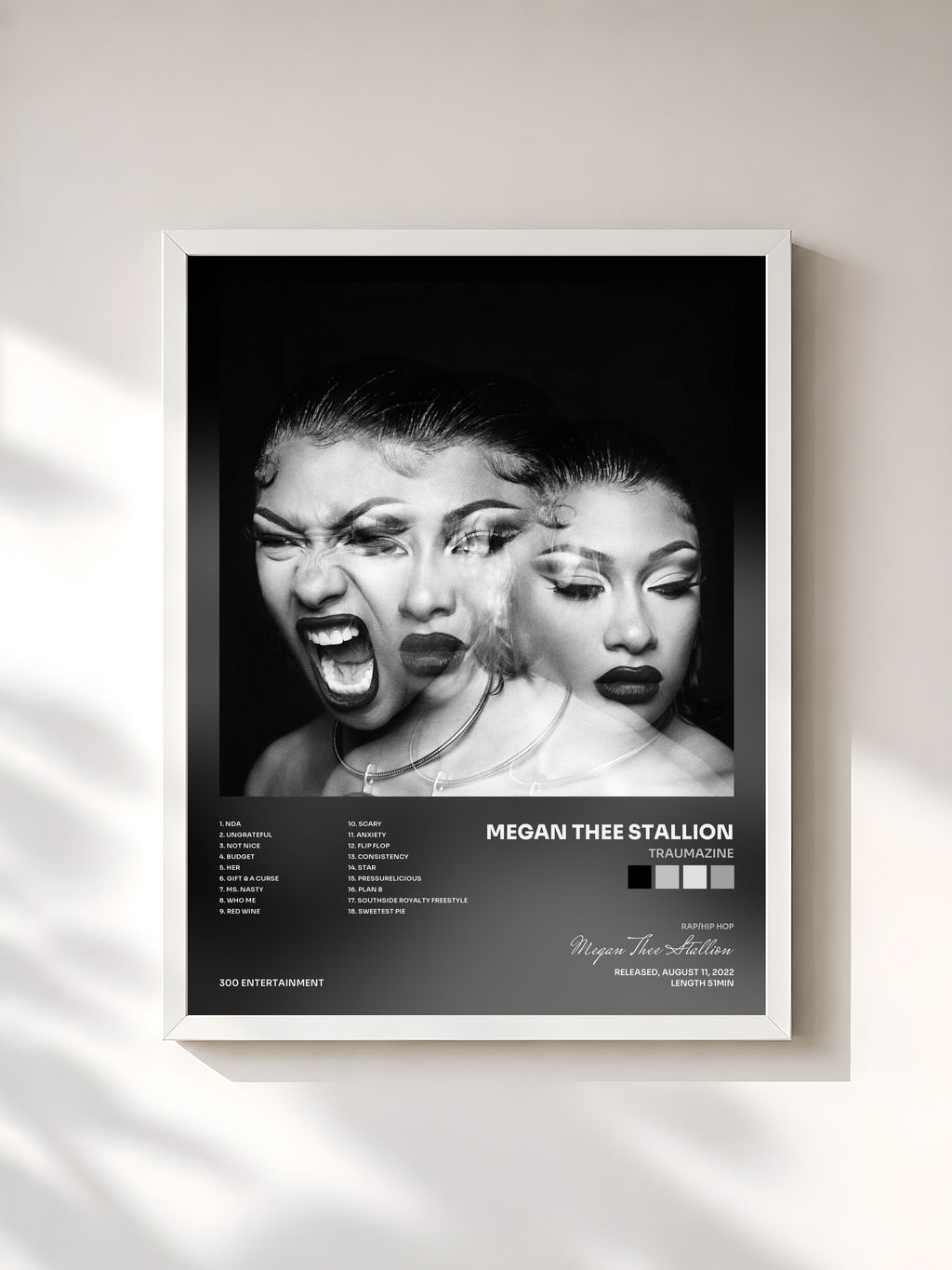 #blanc Tableau de l'album Traumazine de Megan Thee Stallion, cadre blanc, imprimé et encadré en France