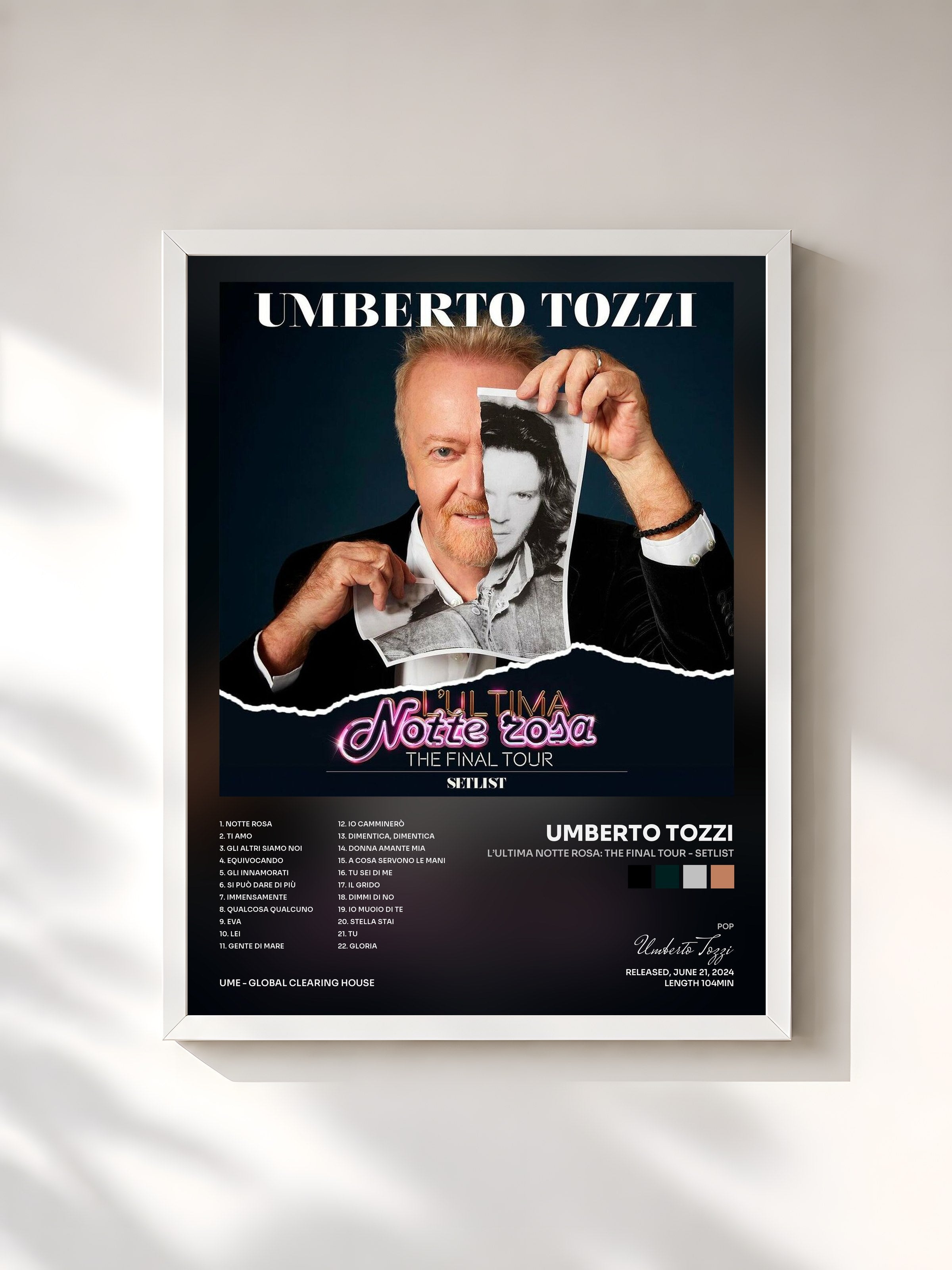 #blanc Tableau de l'album L’ultima Notte rosa: The Final tour - Setlist de Umberto Tozzi, cadre blanc, imprimé et encadré en France