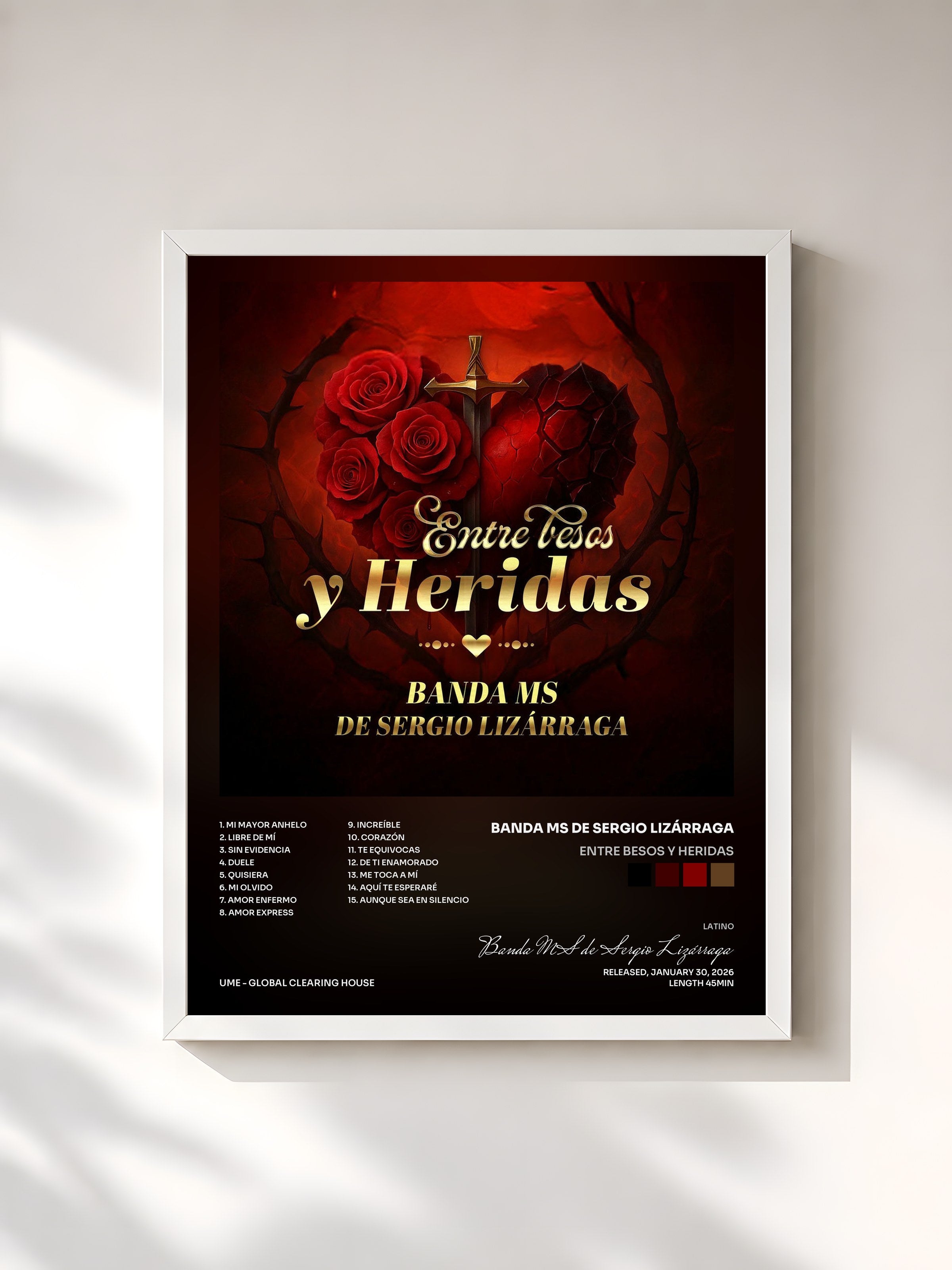 #blanc Tableau de l'album Entre Besos Y Heridas de Banda MS de Sergio Lizárraga, cadre blanc, imprimé et encadré en France