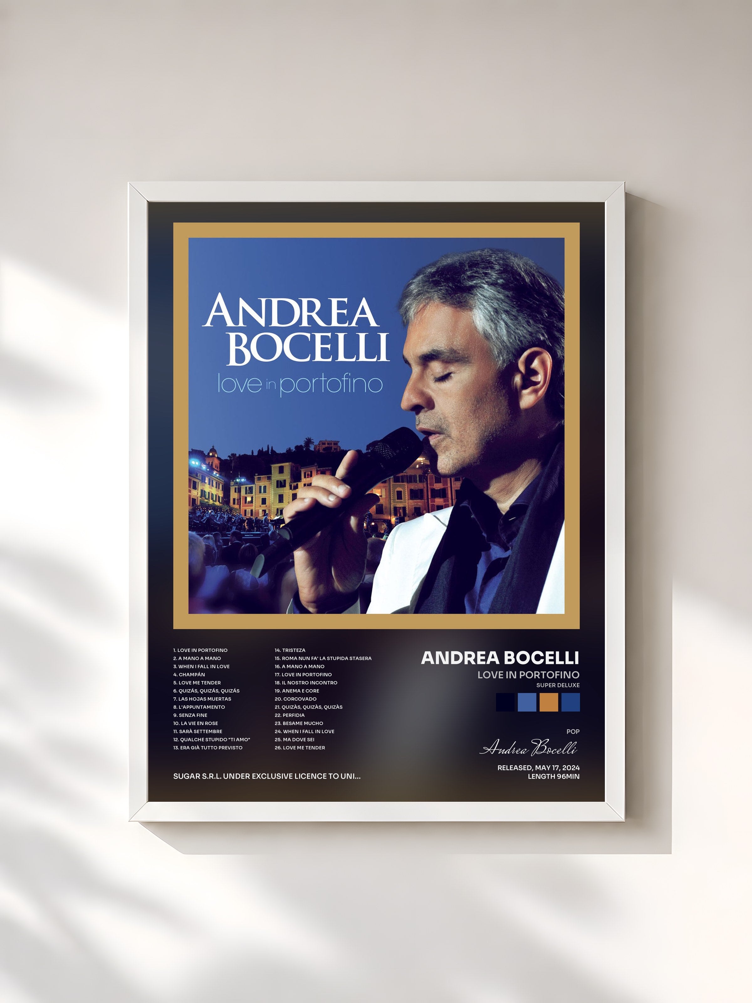 #blanc Tableau de l'album Love In Portofino (Super Deluxe) de Andrea Bocelli, cadre blanc, imprimé et encadré en France