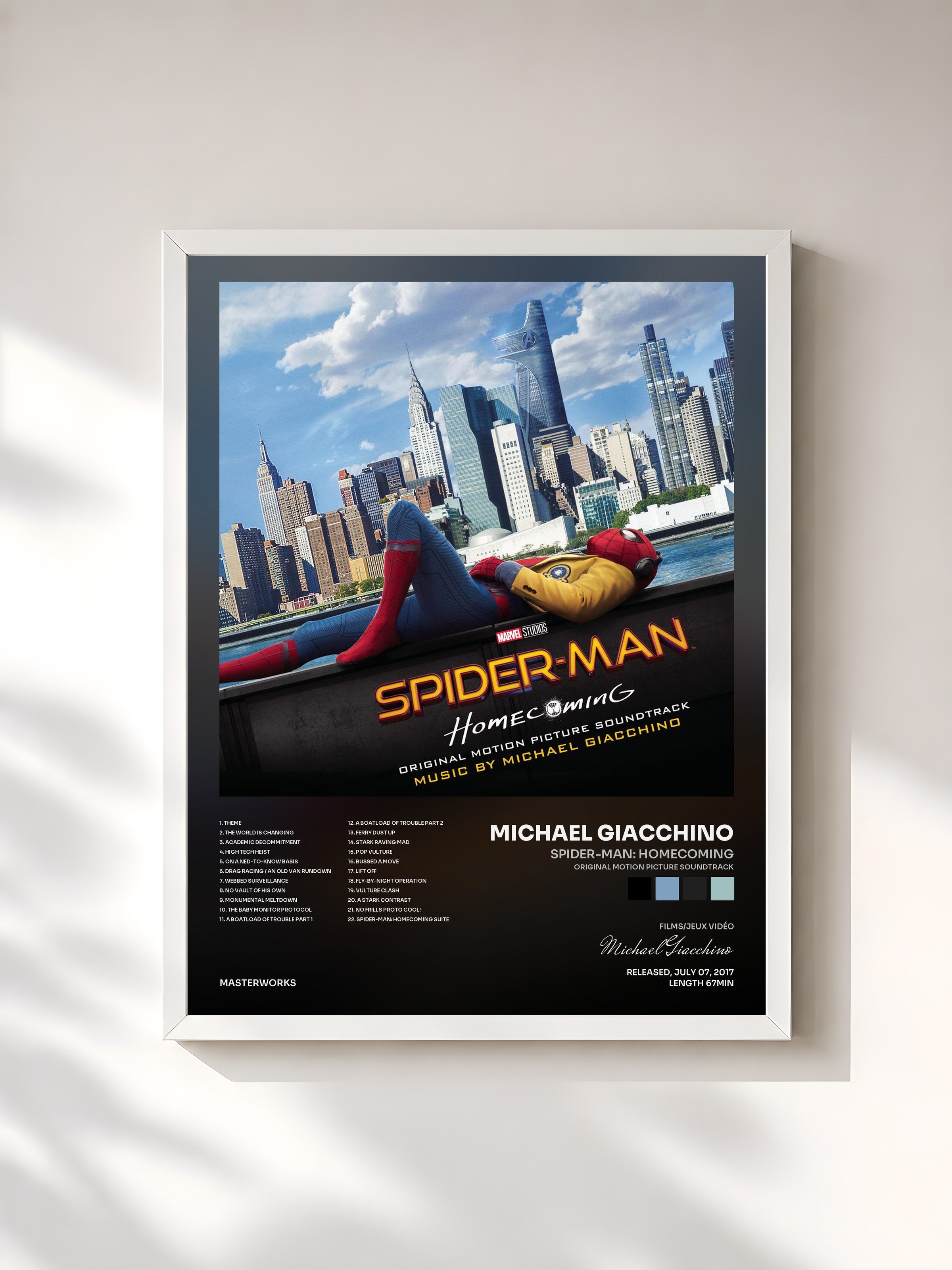 #blanc Tableau de l'album Spider-Man: Homecoming (Original Motion Picture Soundtrack) de Michael Giacchino, cadre blanc, imprimé et encadré en France