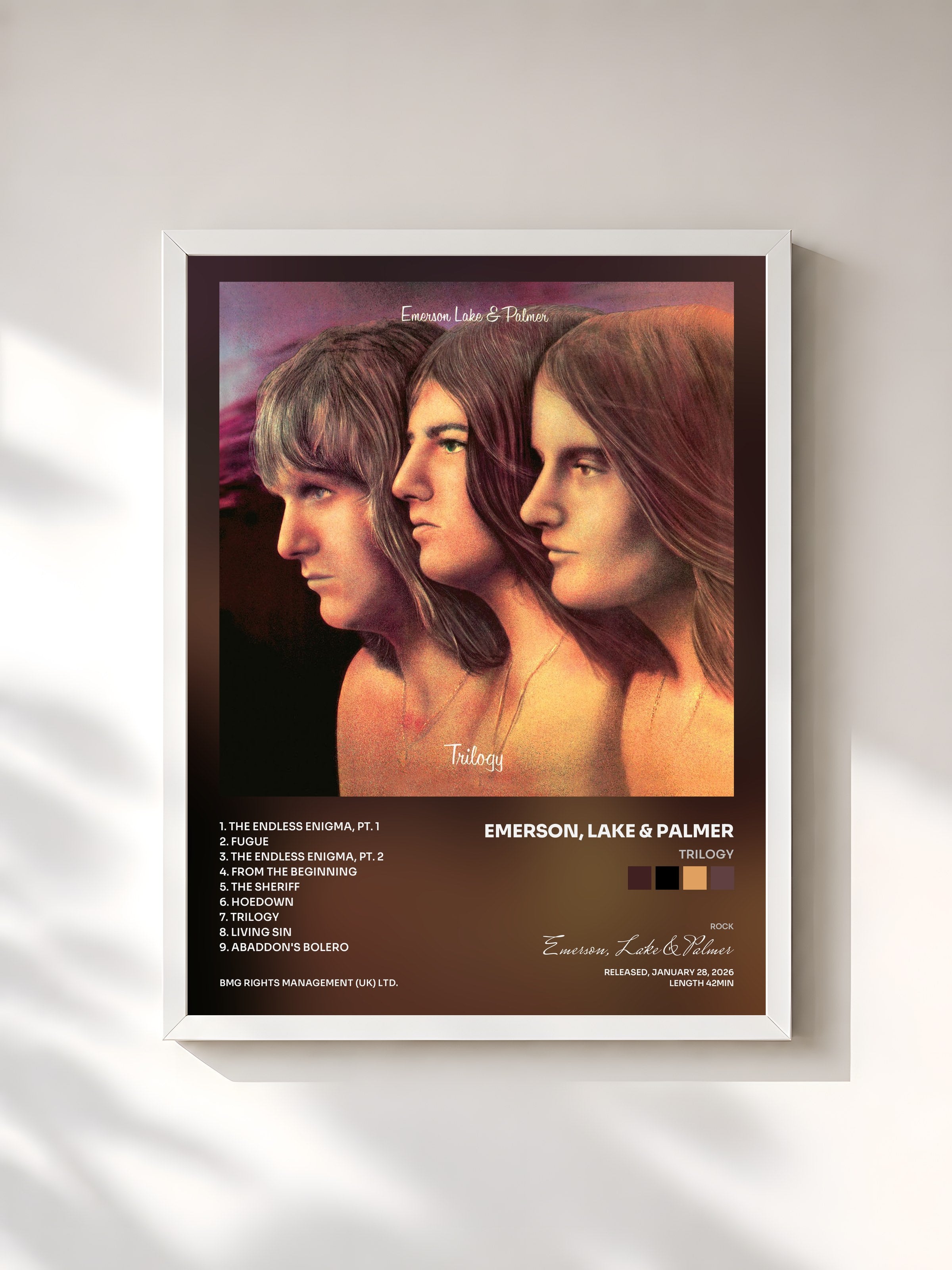 #blanc Tableau de l'album Trilogy de Emerson, Lake & Palmer, cadre blanc, imprimé et encadré en France