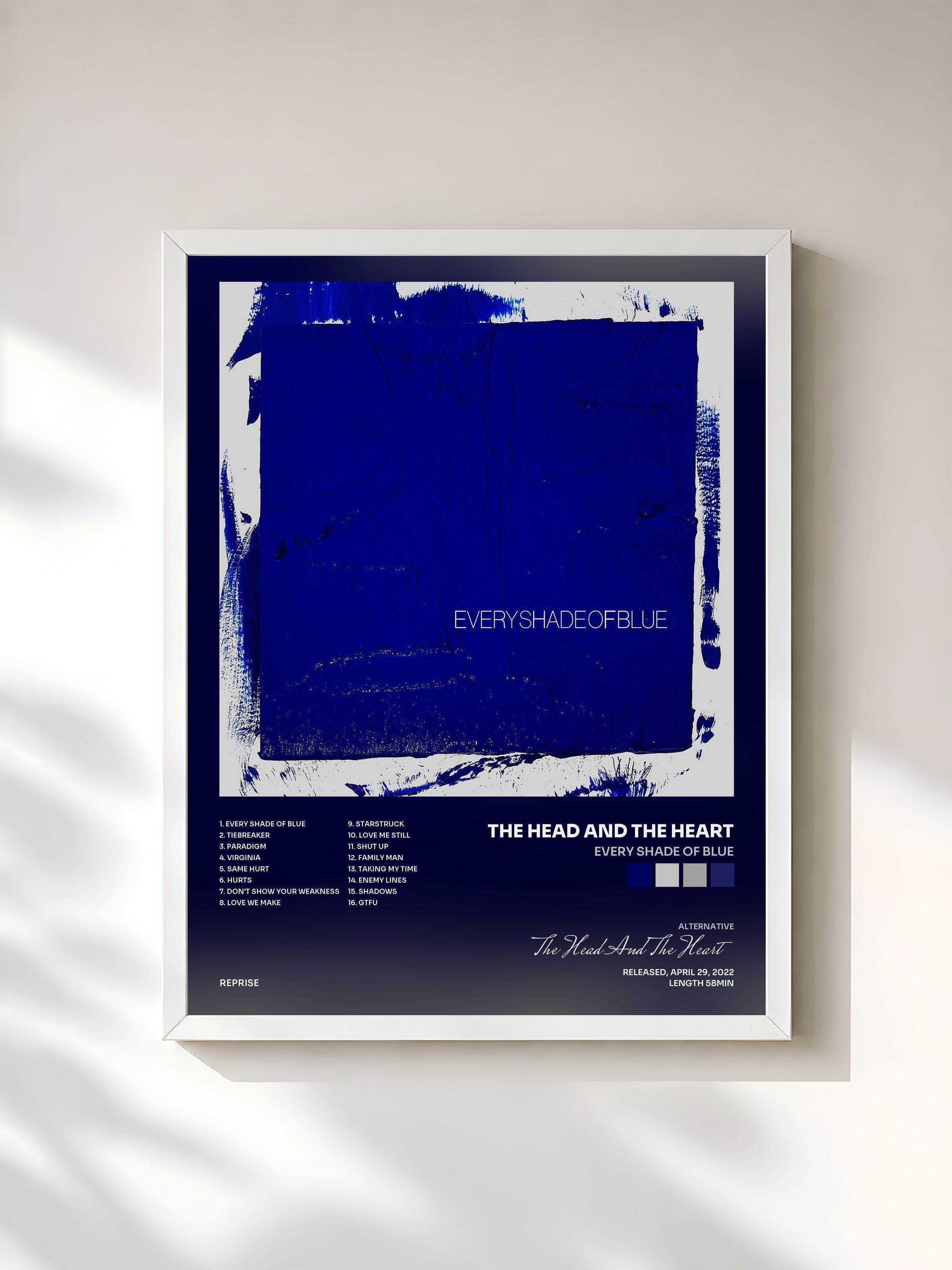 #blanc Tableau de l'album Every Shade of Blue de The Head And The Heart, cadre blanc, imprimé et encadré en France